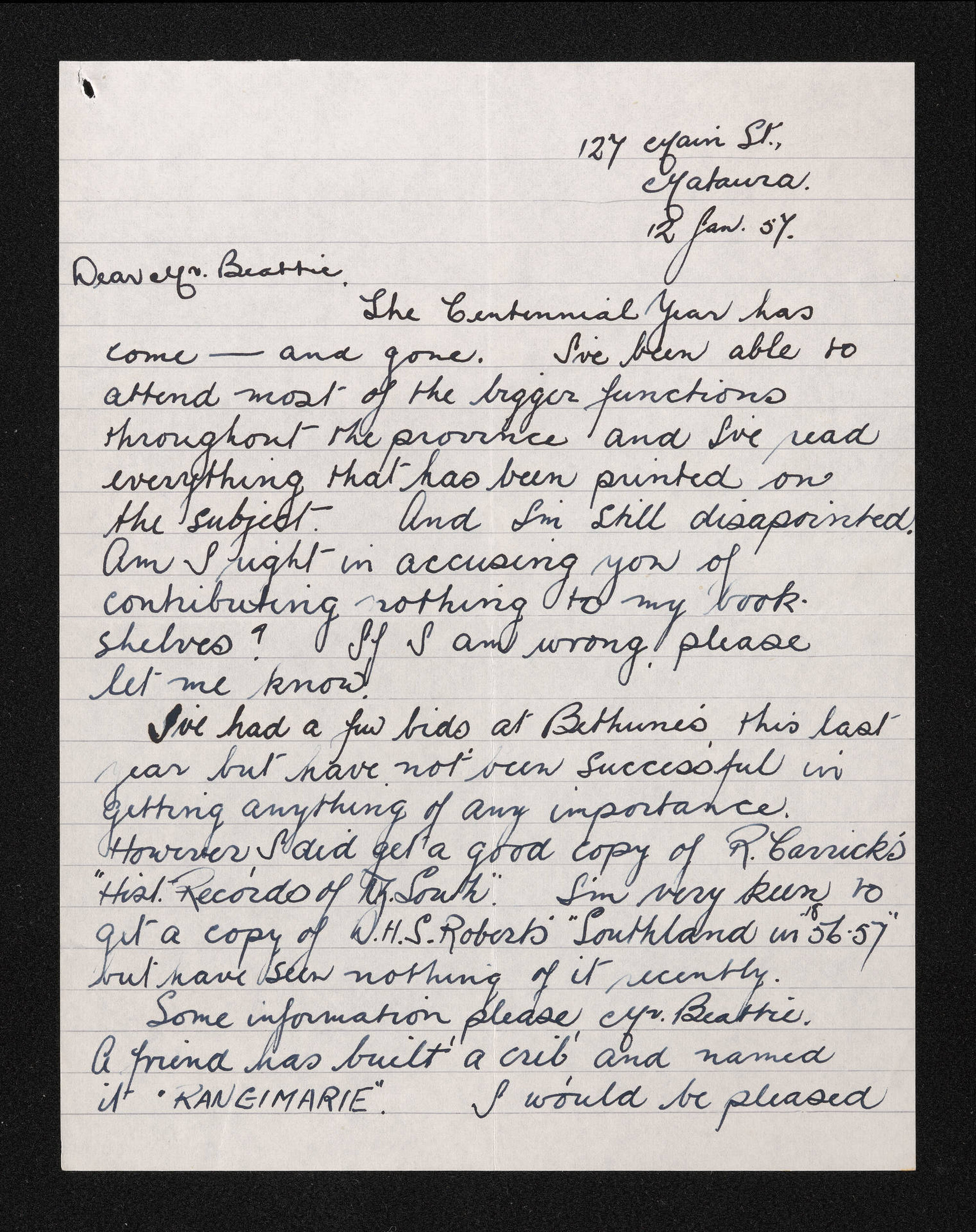 Letter, 12 January 1957, from Peter J. Dore, to Herries Beattie