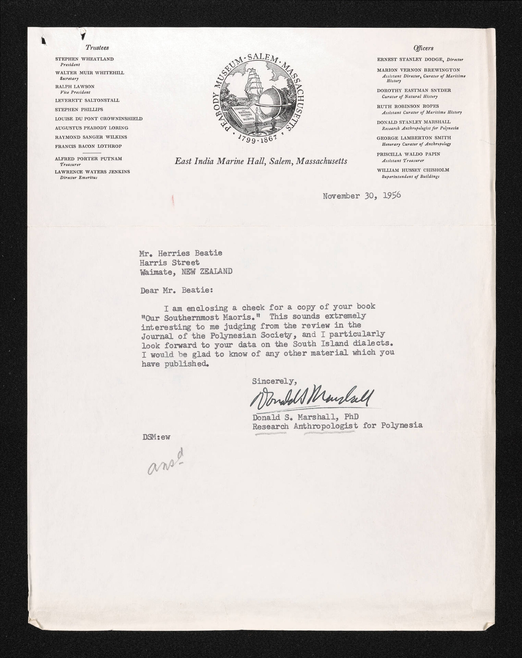 Letter, 30 November 1956, from Donald S. Marshall, to Herries Beattie