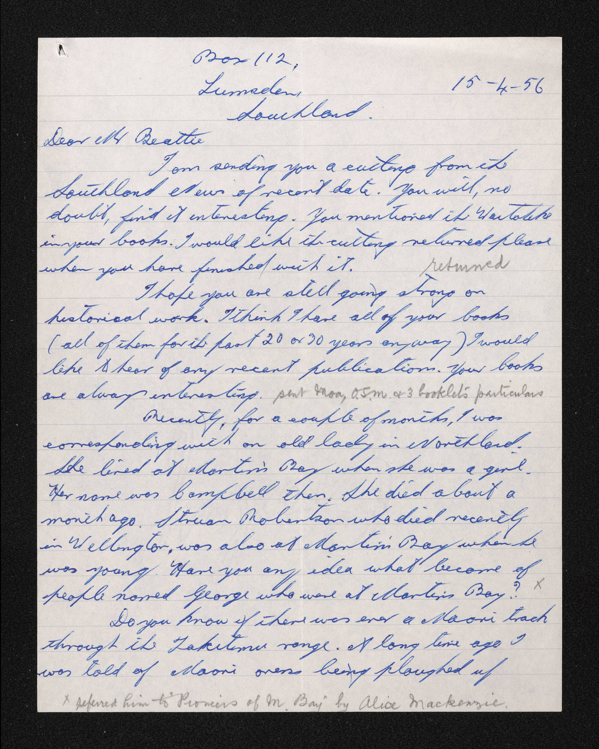 Letter, 15 April 1956, from Don Matheson, to Herries Beattie