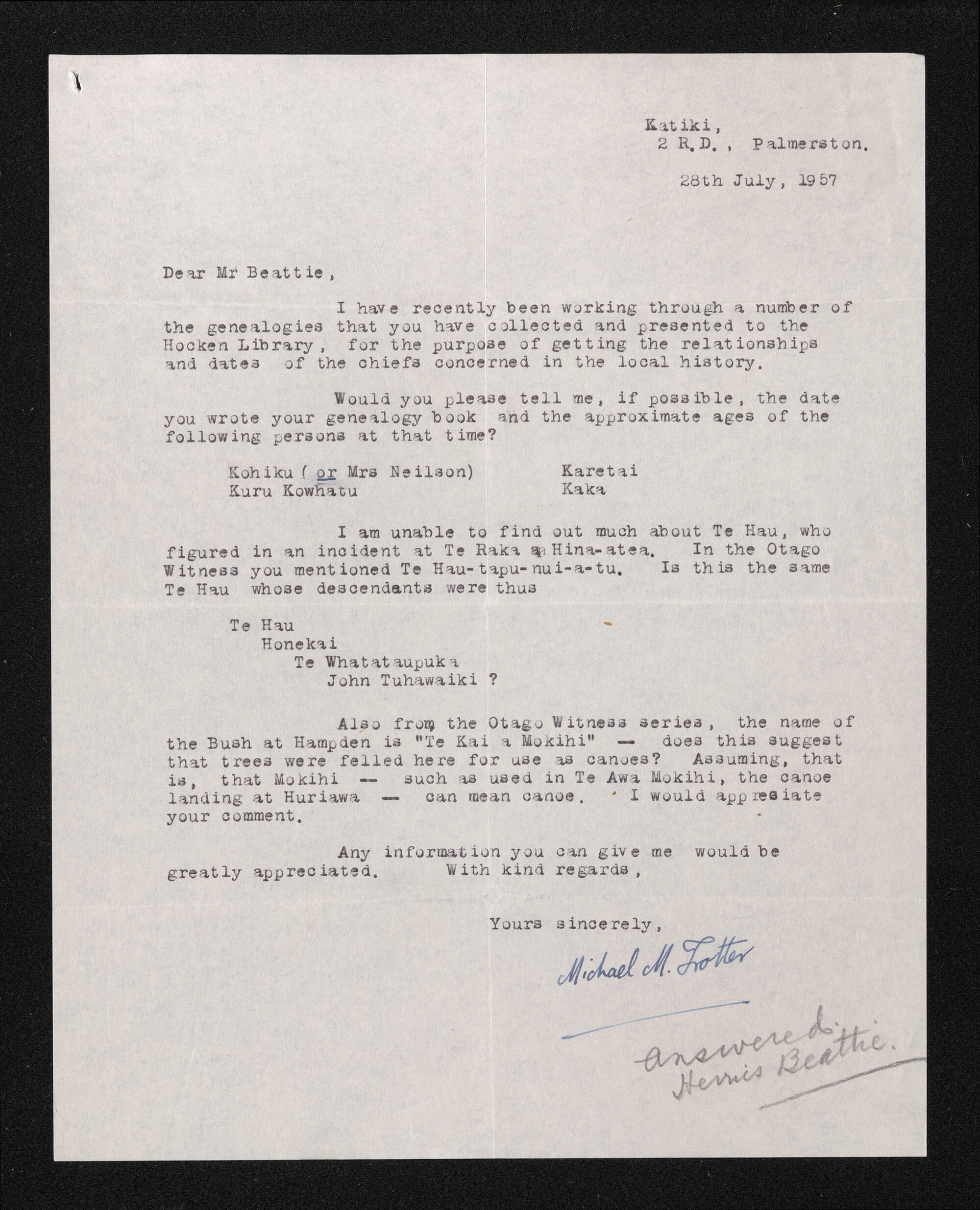 Letter, 28 July 1957, from Michael M. Trotter, to Herries Beattie
