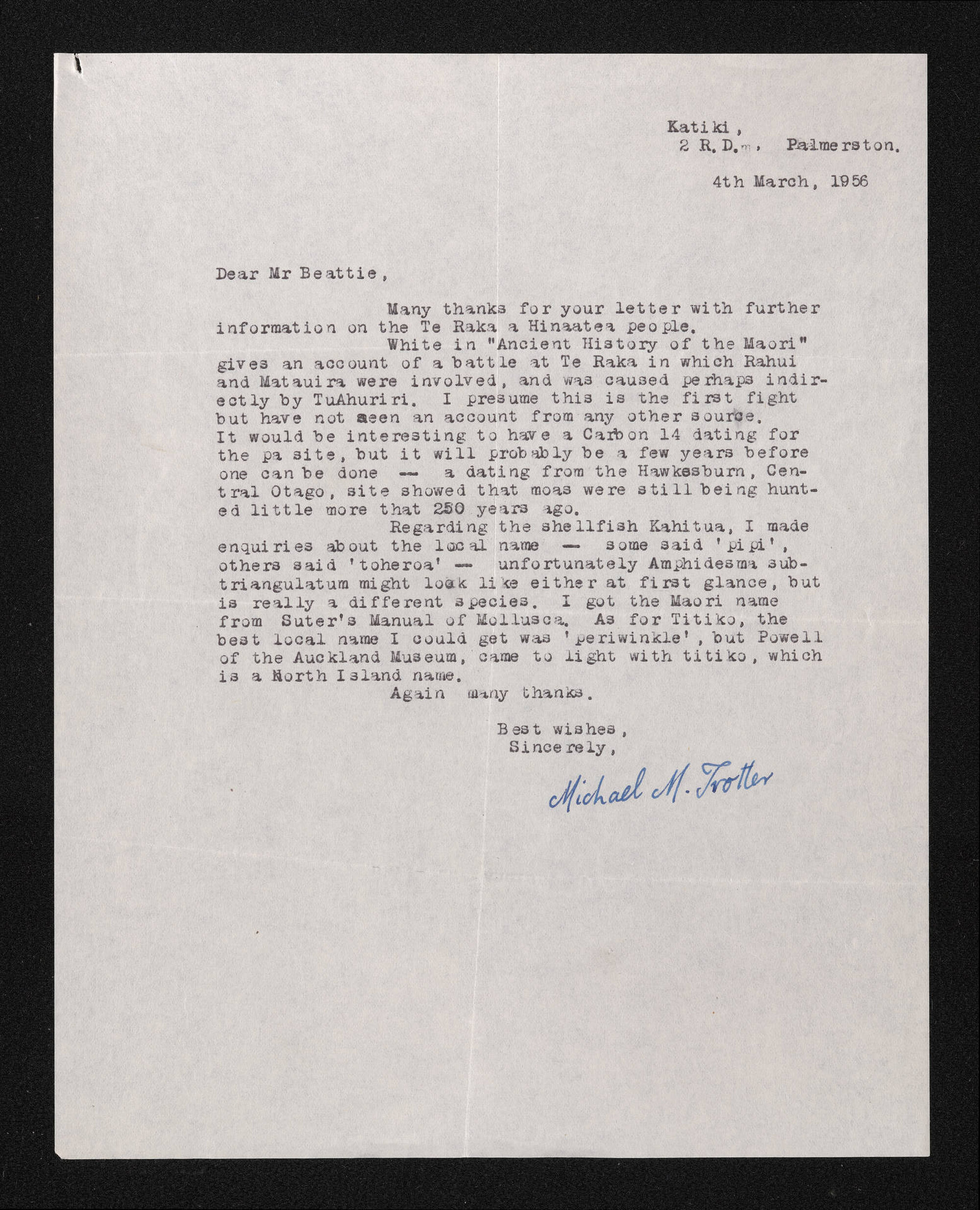 Letter, 4 March 1956, from Michael M. Trotter, to Herries Beattie