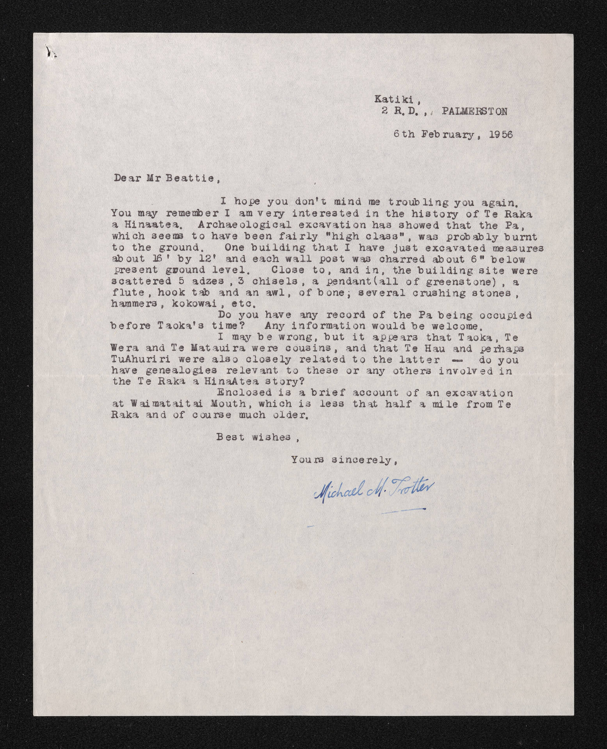 Letter, 6 Februrary 1956, from Michael M. Trotter, to Herries Beattie