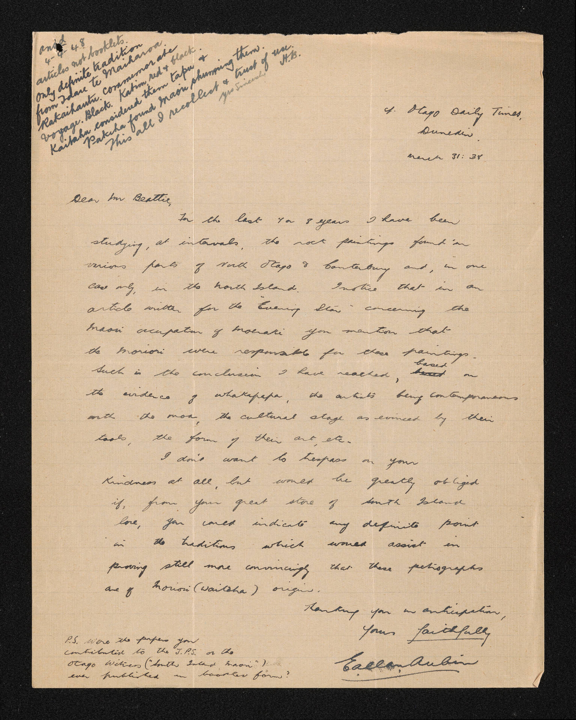 Letter, 31 March 1938 [1948], from E. Allan Aubin, to Herries Beattie