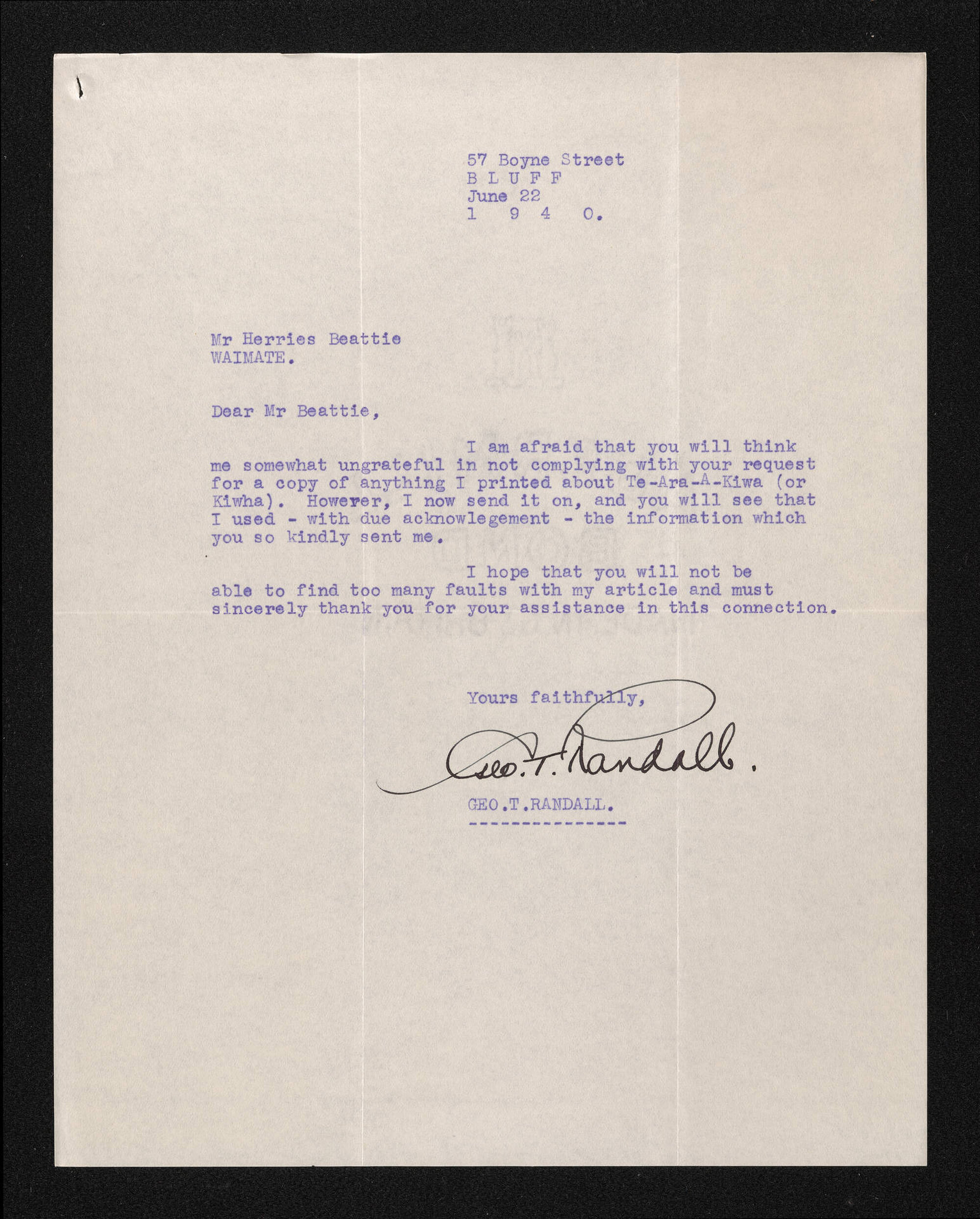 Letter, 22 June 1940, from George T. Randall, to Herries Beattie