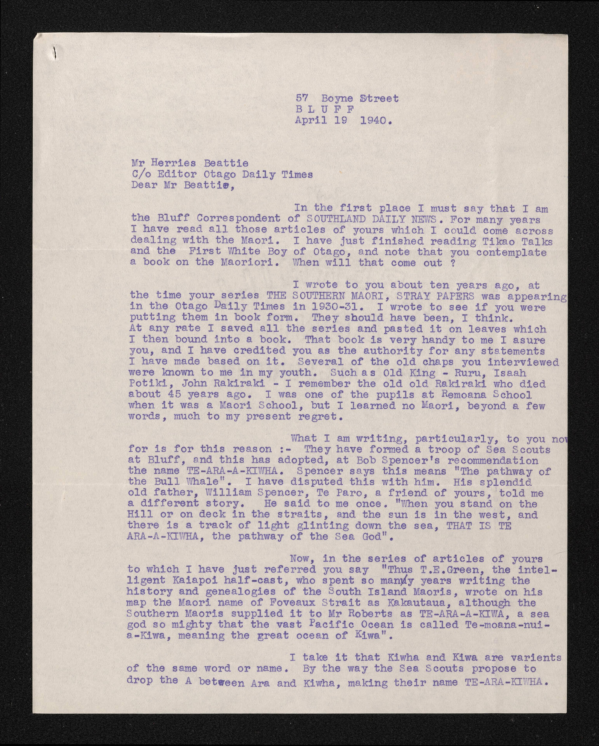 Letter, 19 April 1940, from George T. Randall, to Herries Beattie