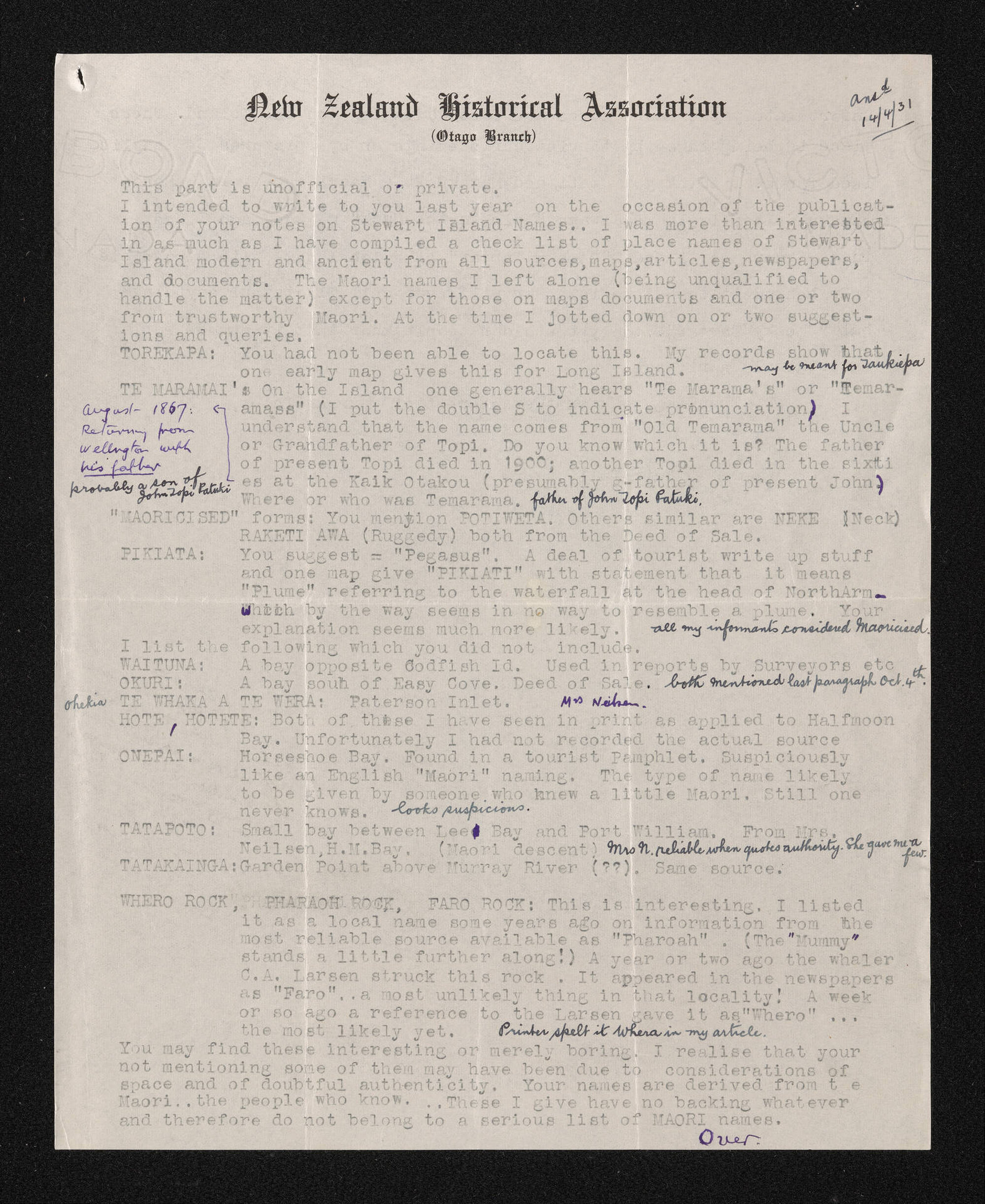 Letter, April 1931, from Basil Howard, to Herries Beattie