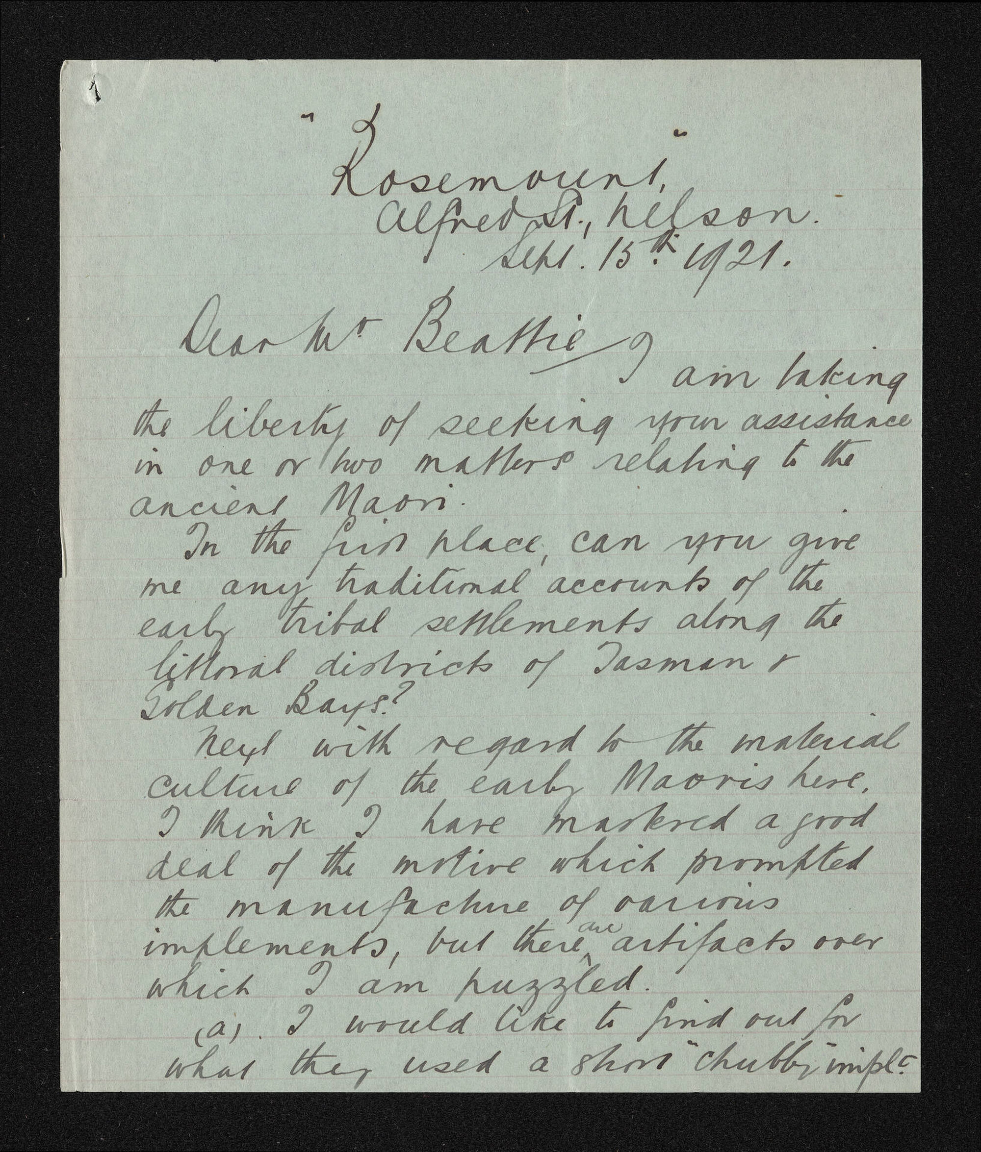 Letter, 15 September 1921, from F.V. Knapp, to Herries Beattie