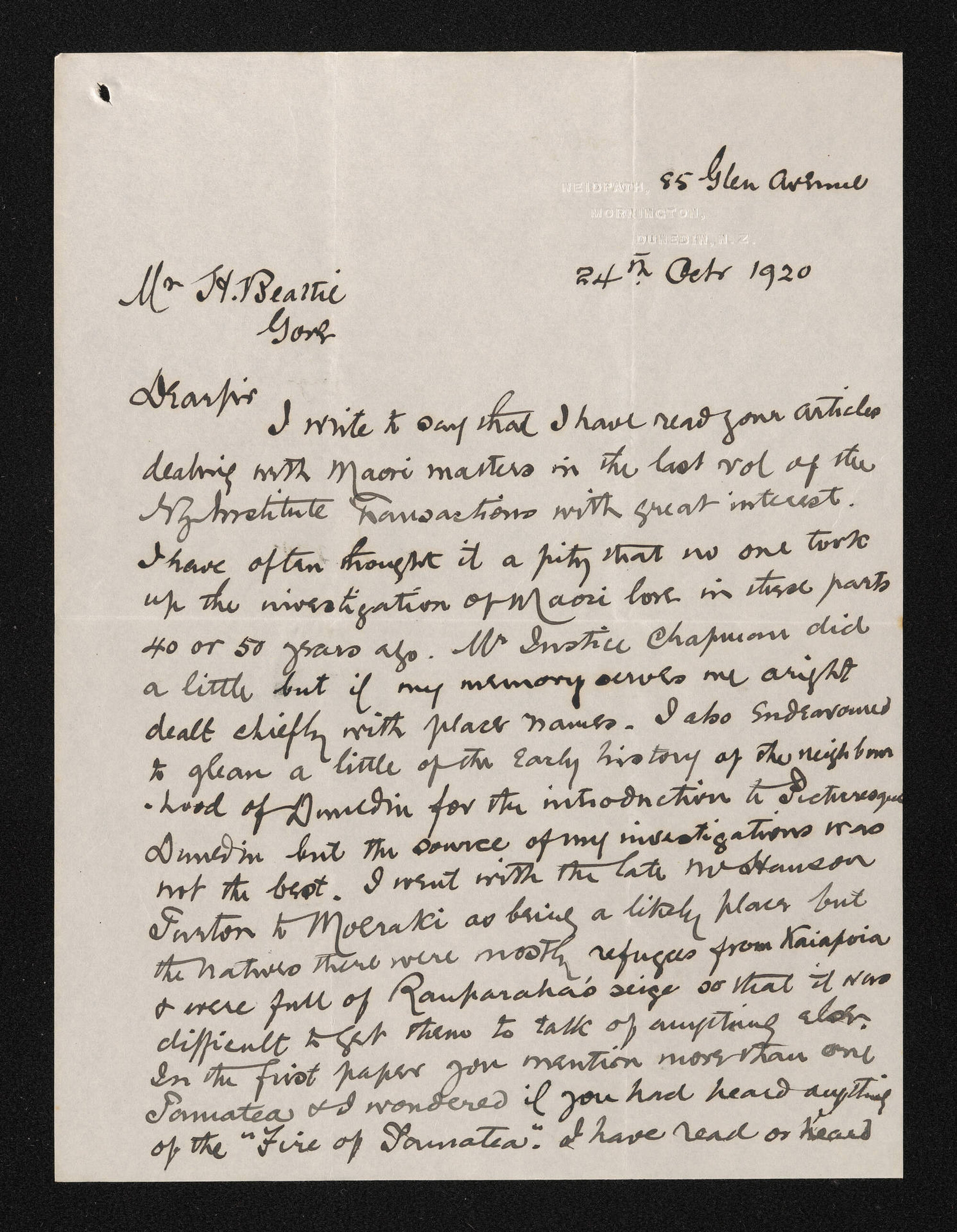 Letter, 24 October 1920, from Alexander Bathgate, to Herries Beattie