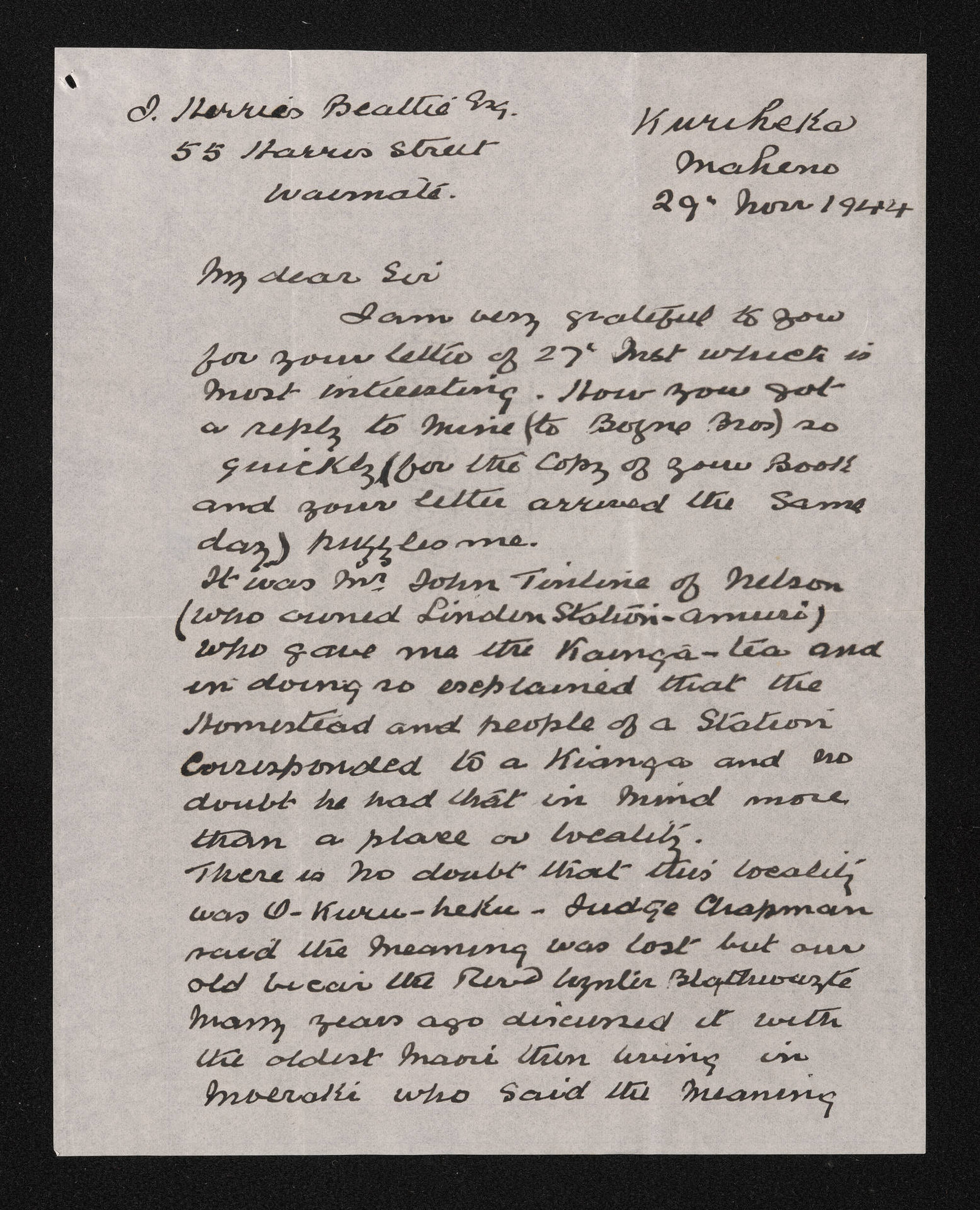 Letter, 29 November 1944, from Joseph Cowie Nichols, to Herries Beattie