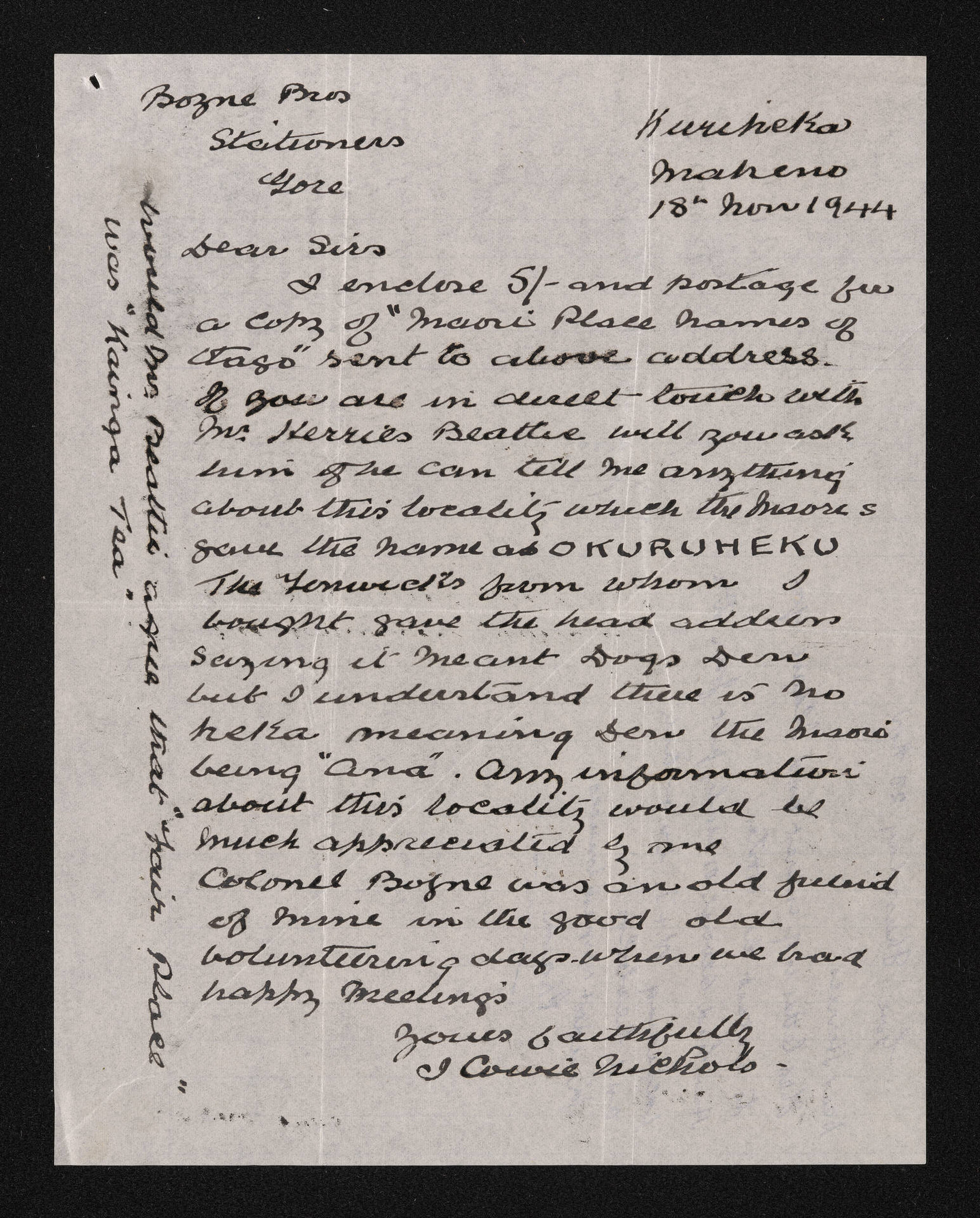 Letter, 18 November 1944, from Joseph Cowie Nichols, to Herries Beattie