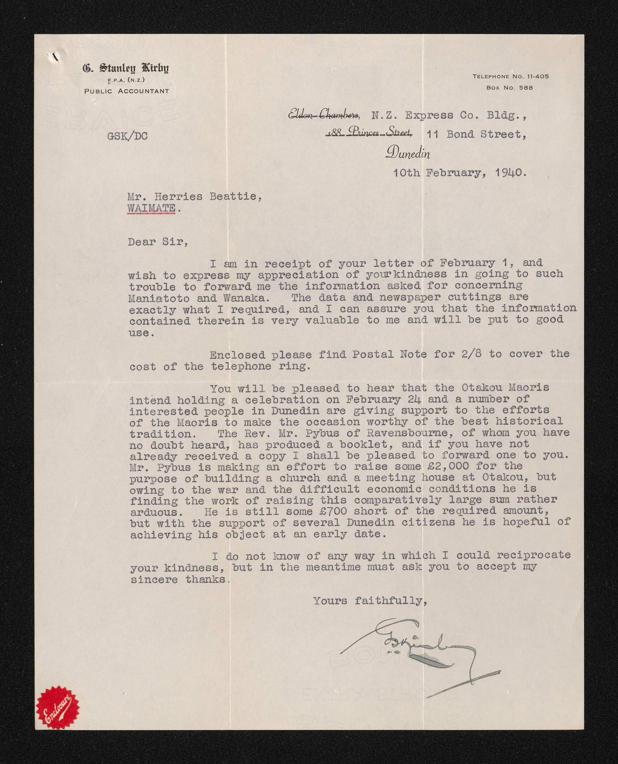 Letter, 10 February 1940, from G. Stanley Kirby, to Herries Beattie