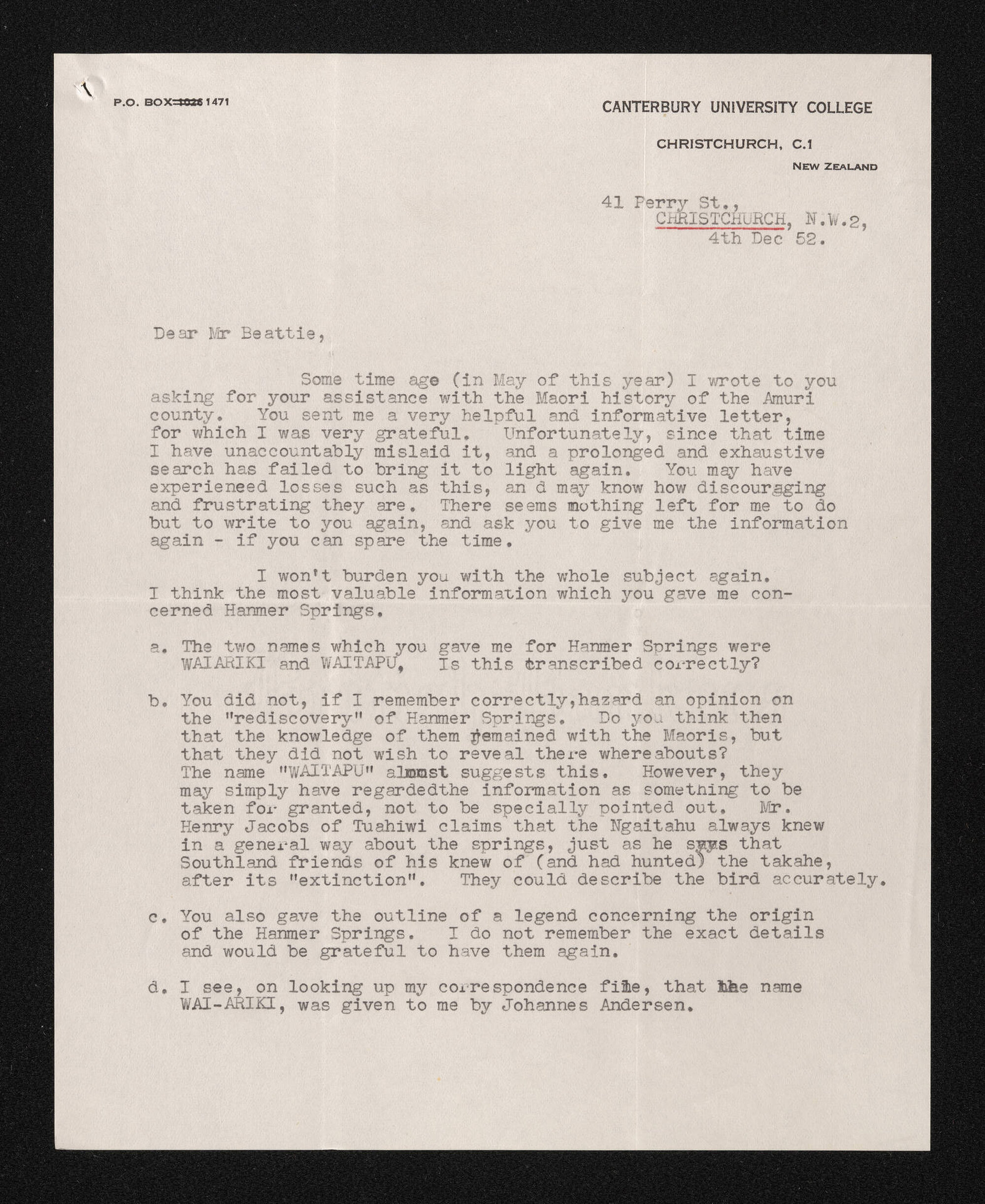 Letter, 4 December 1952, from William James Gardner, to Herries Beattie