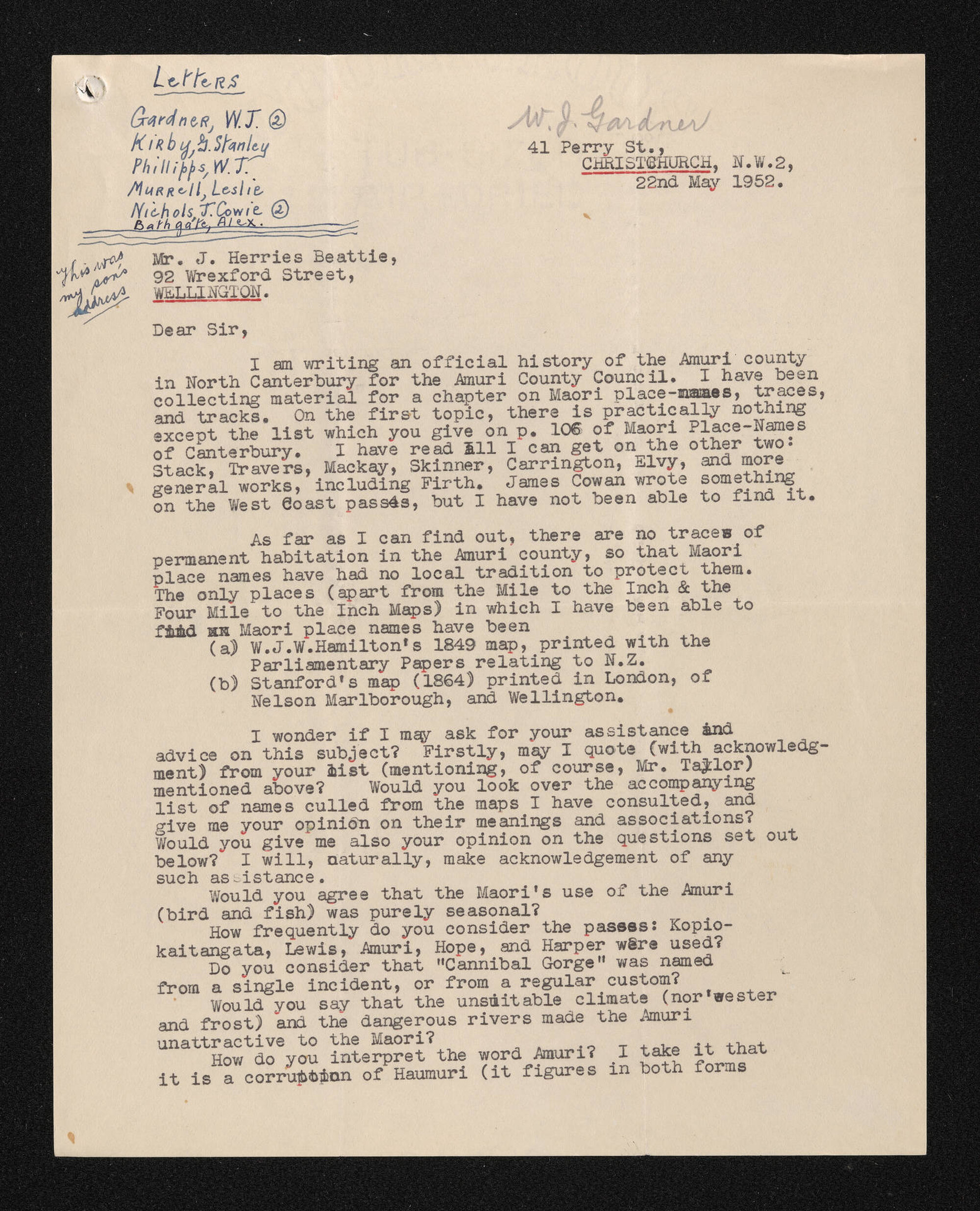 Letter, 22 May 1952, from William James Gardner, to Herries Beattie, regarding North Canterbury place names