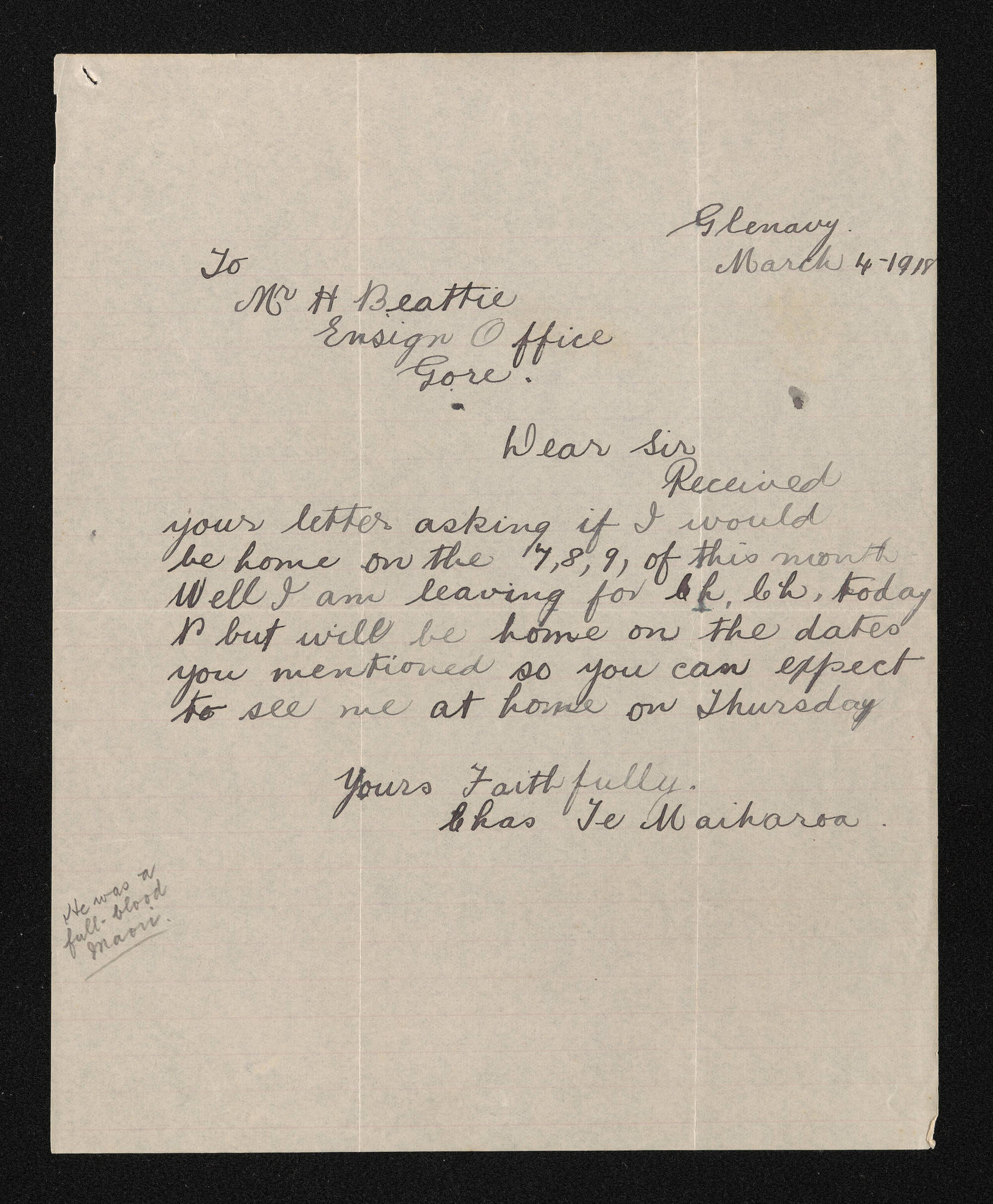 Letter, 4 March 1918, from C. Te Maiharoa, to Herries Beattie