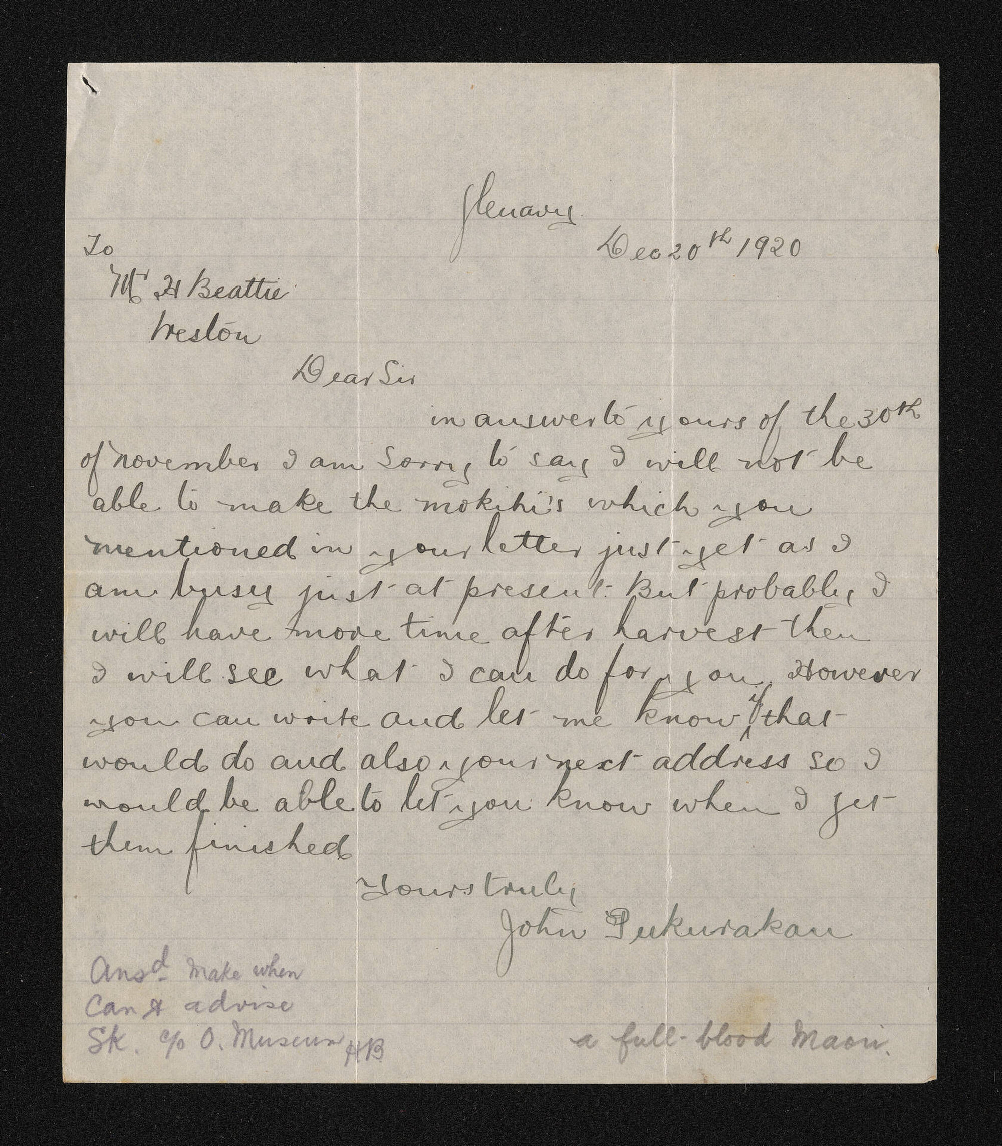 Letter, 20 December 1920, from John Pukurakau, to Herries Beattie