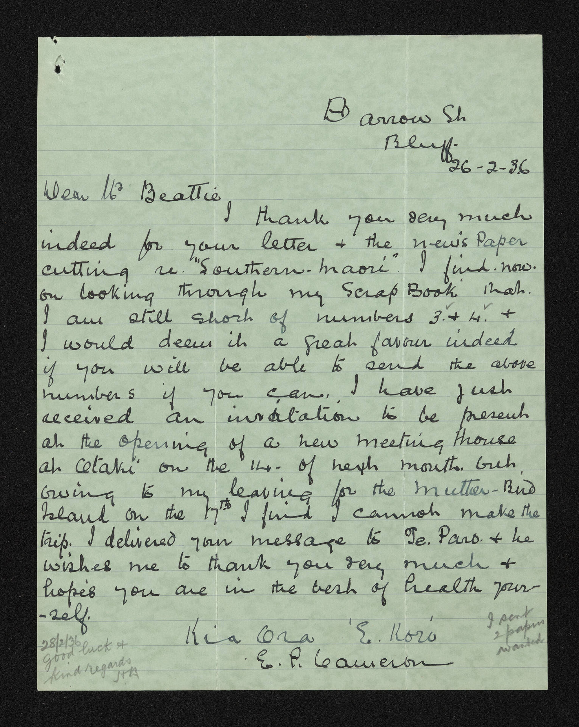Letter, 26 February 1936, from E.P. Cameron, to Herries Beattie