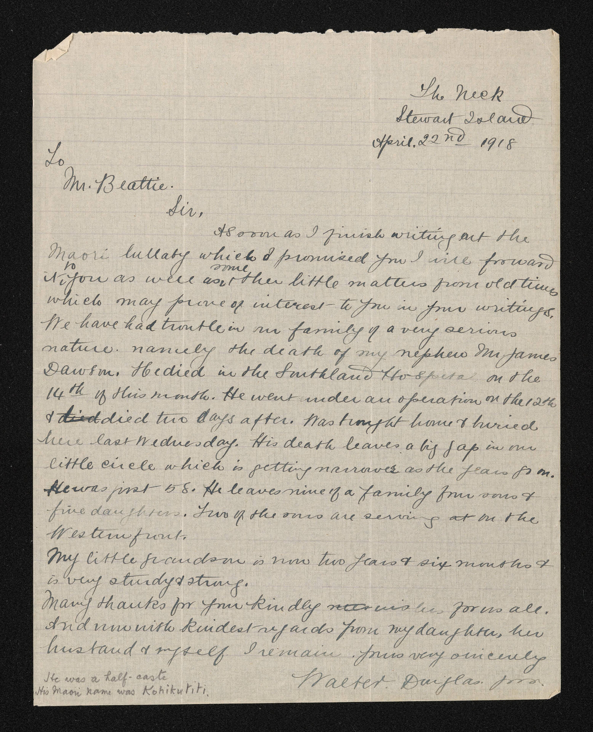Letter, 22 April 1918, from Walter Douglas Joss, to Herries Beattie