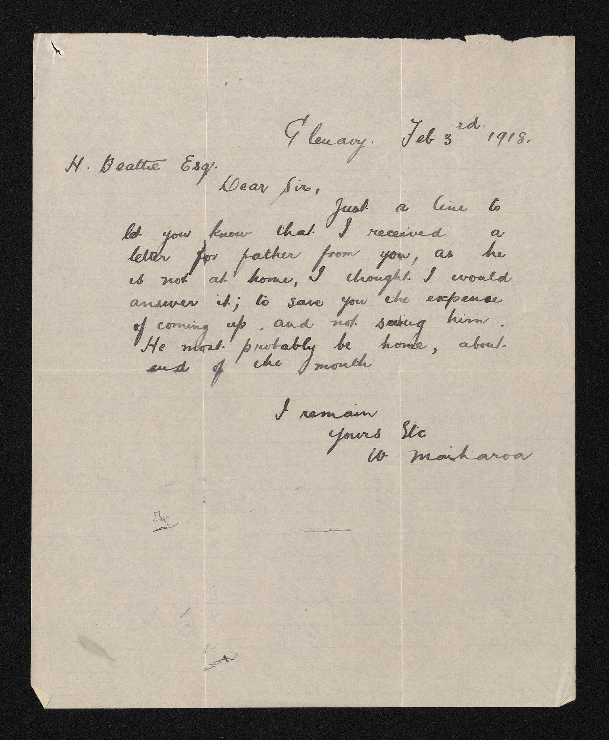 Letter, 3 February 1918, from W. Maihahoa, to Herries Beattie