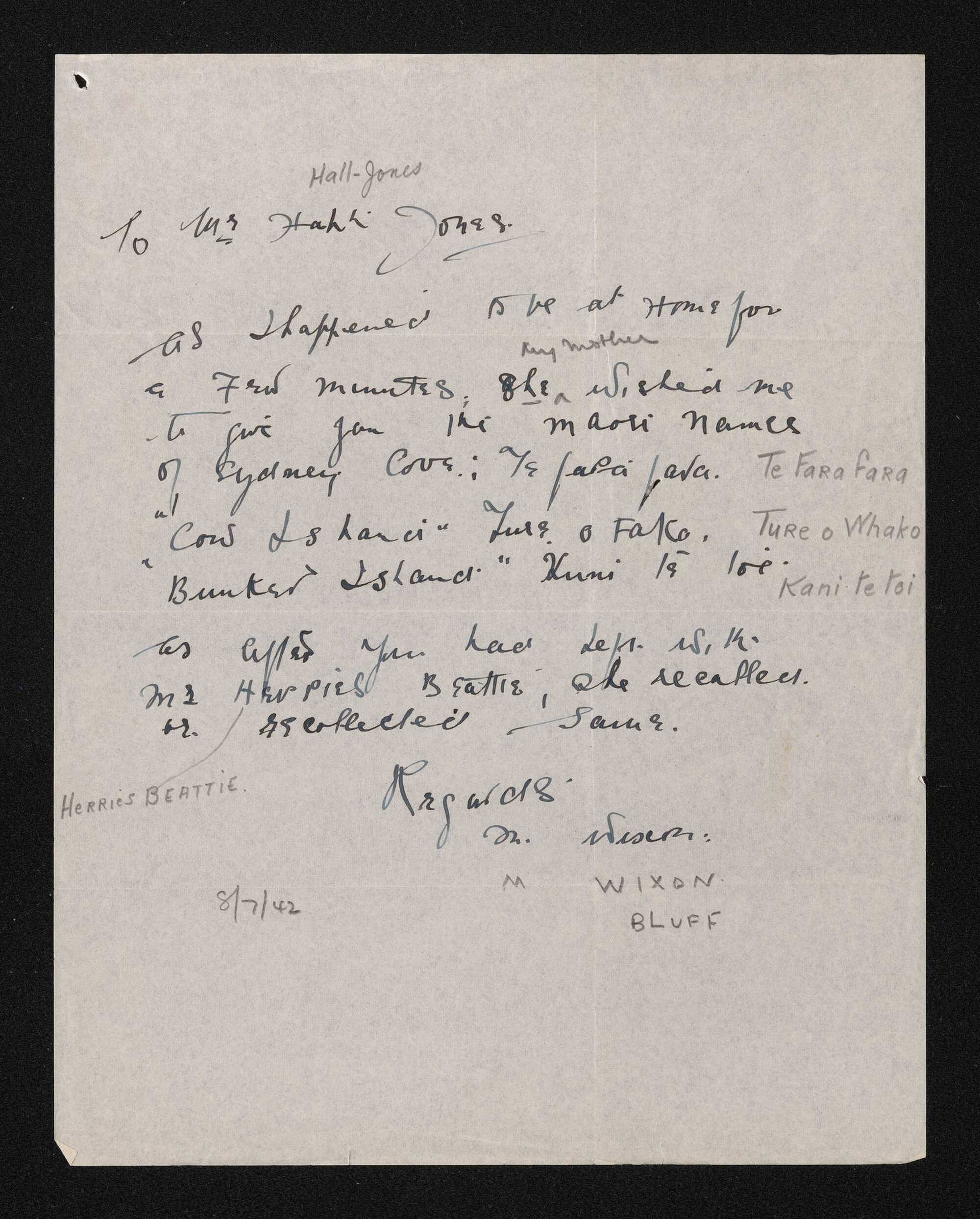 Letter, [8 July 1942], from M. Wixon, to Mr Hall-Jones