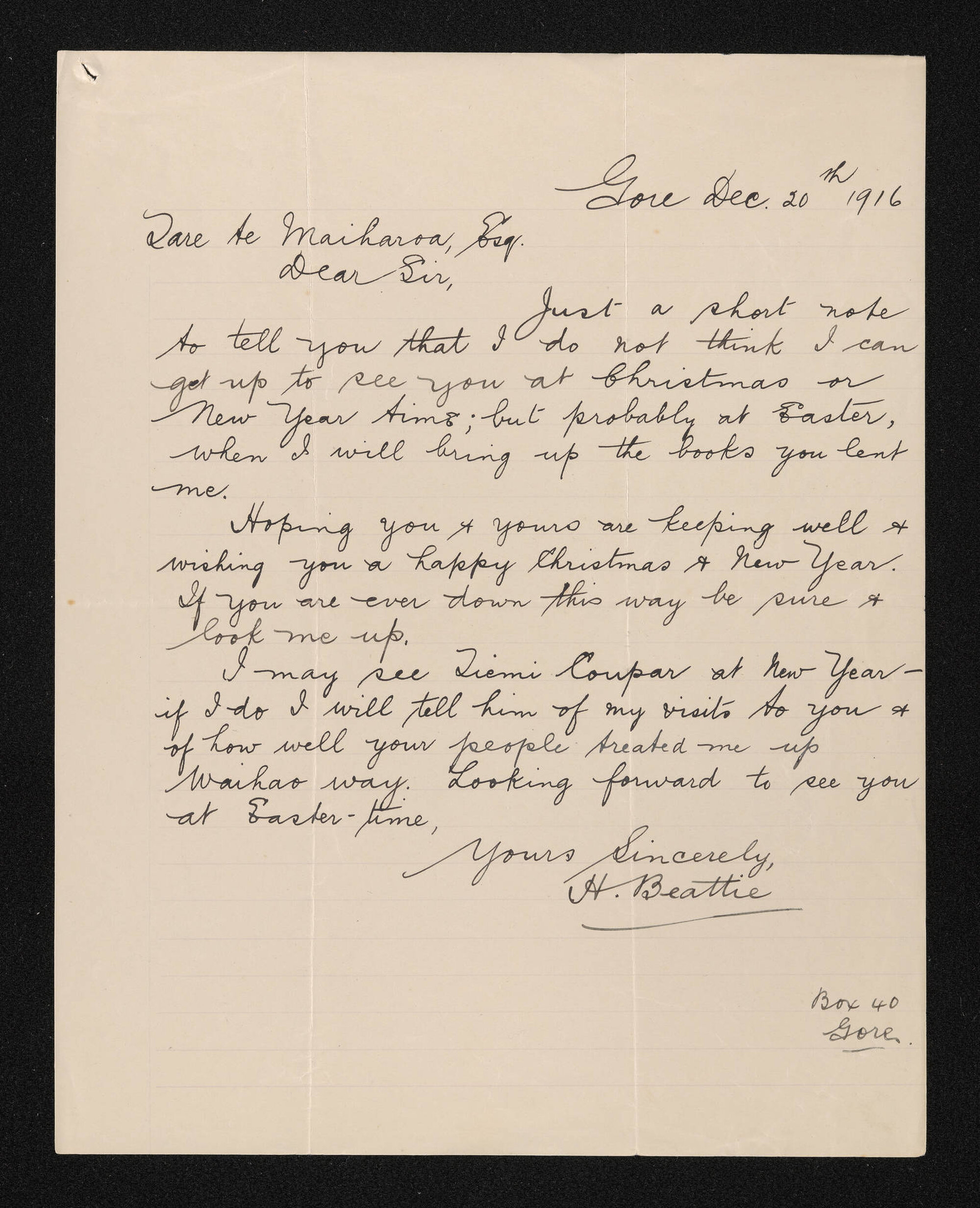 Letter, 20 December 1916, from Herries Beattie, to Taare Te Maiharoa