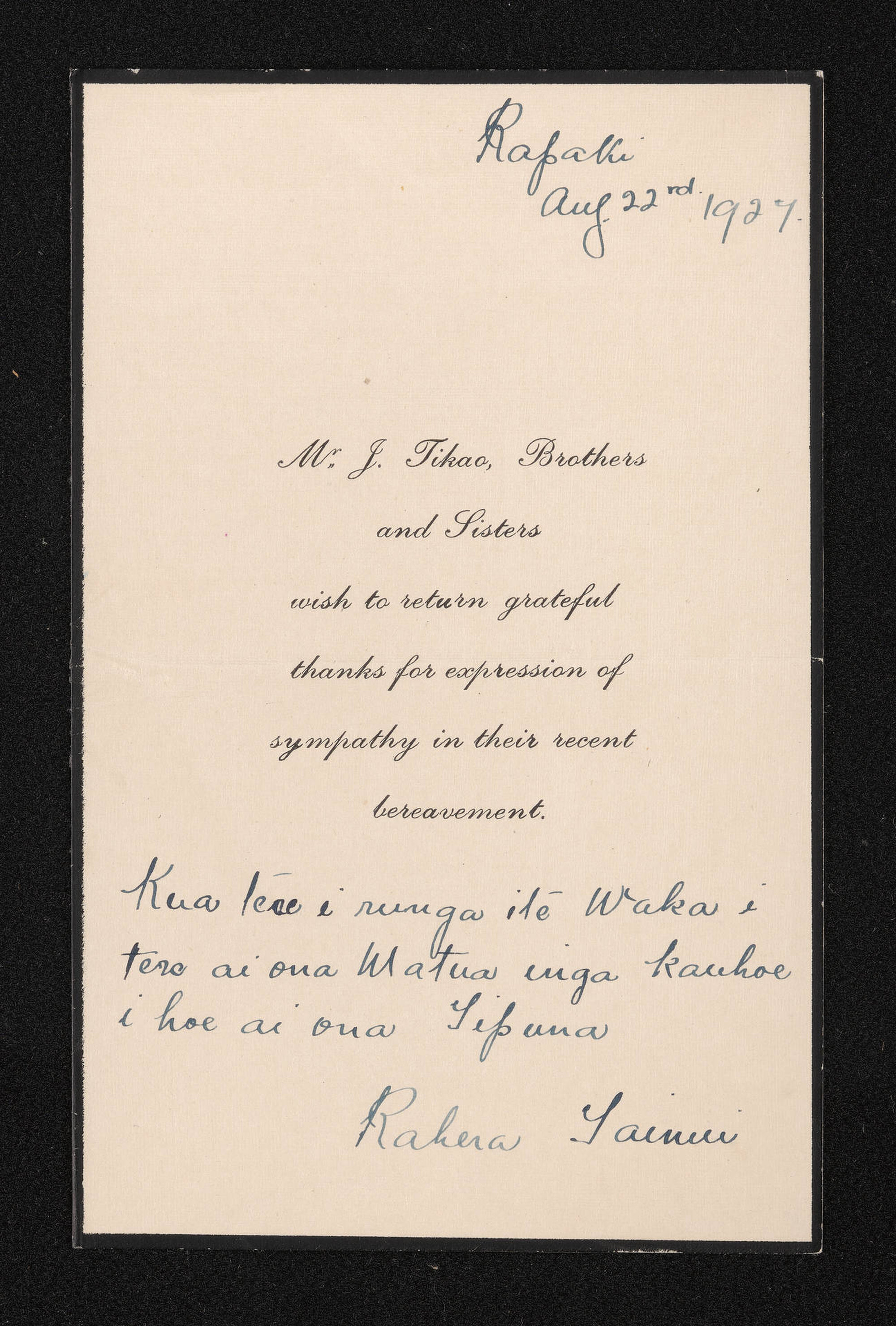 Letter, 22 August 1927, from Rahera Tainui, to Herries Beattie