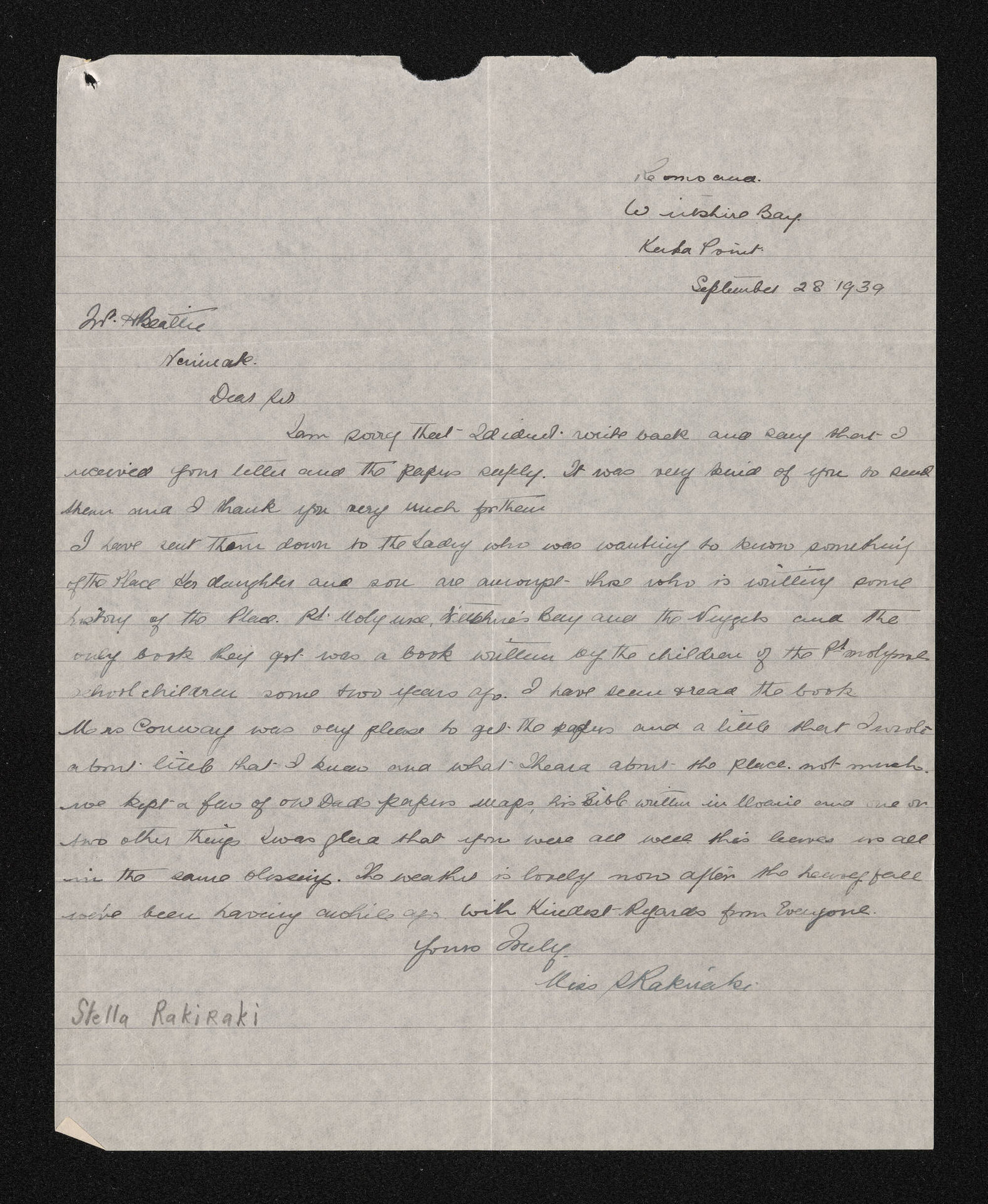 Letter, 28 September 1939, from Miss [Stella] Rakiraki, to Herries Beattie