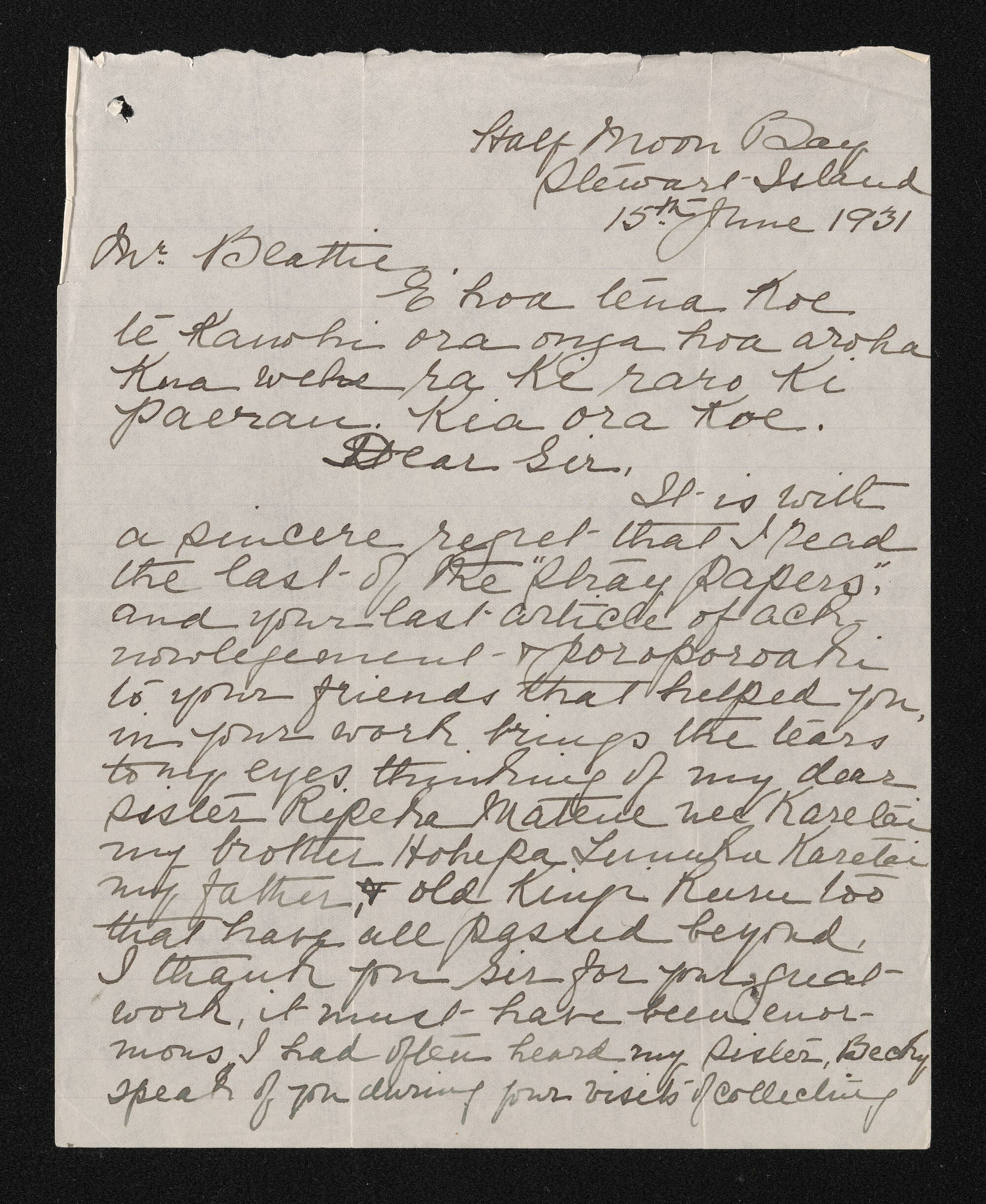 Letter, 15 June 1931, from Ema Wallscott, to Herries Beattie
