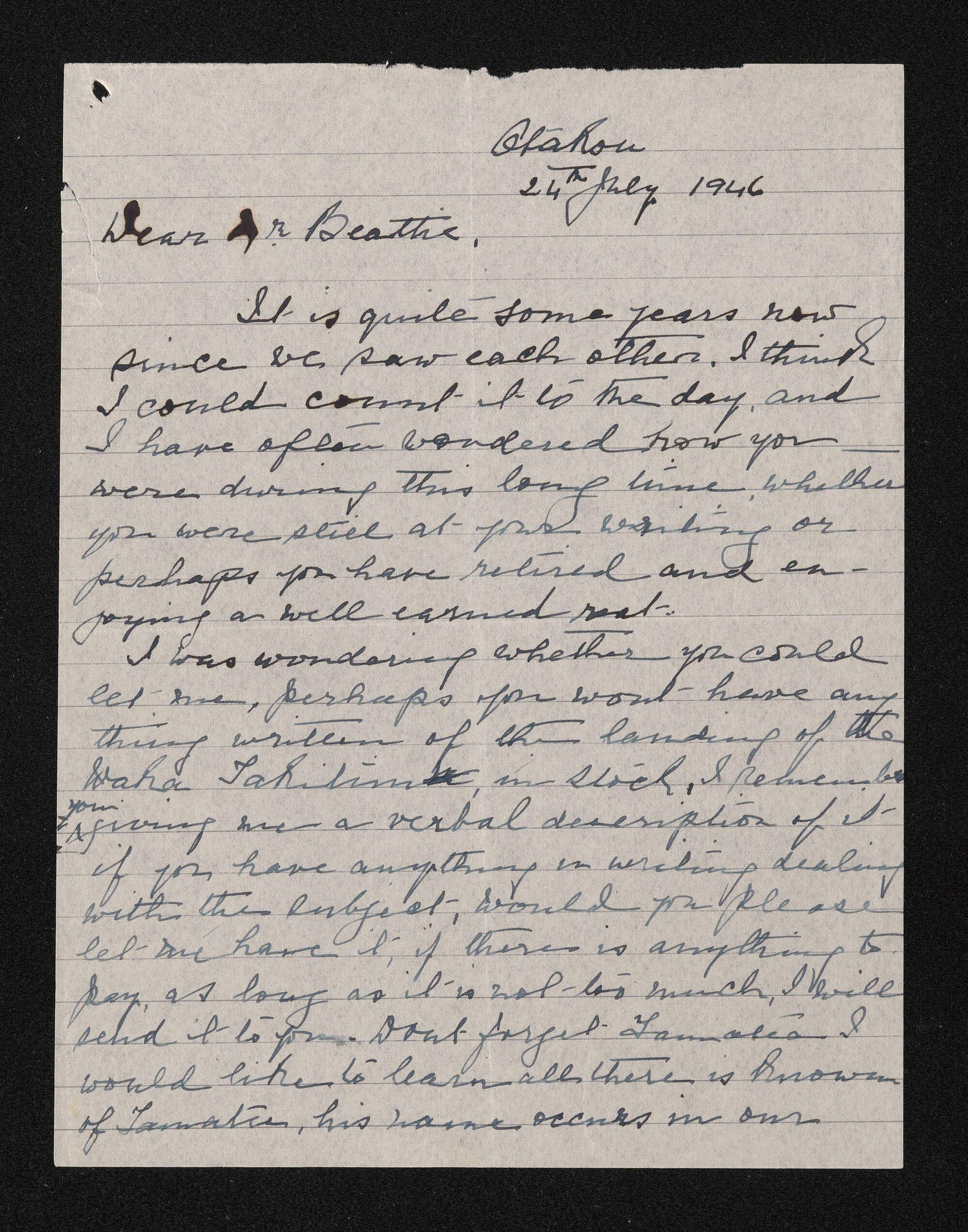Letter, 24 July 1946, from Ema Wallscott, to Herries Beattie
