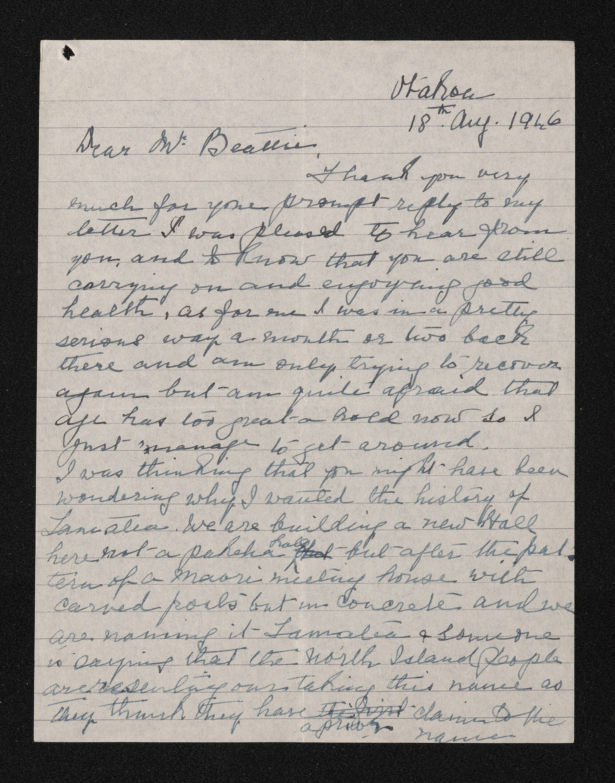 Letter, 18 August 1946, from Ema Wallscott, to Herries Beattie