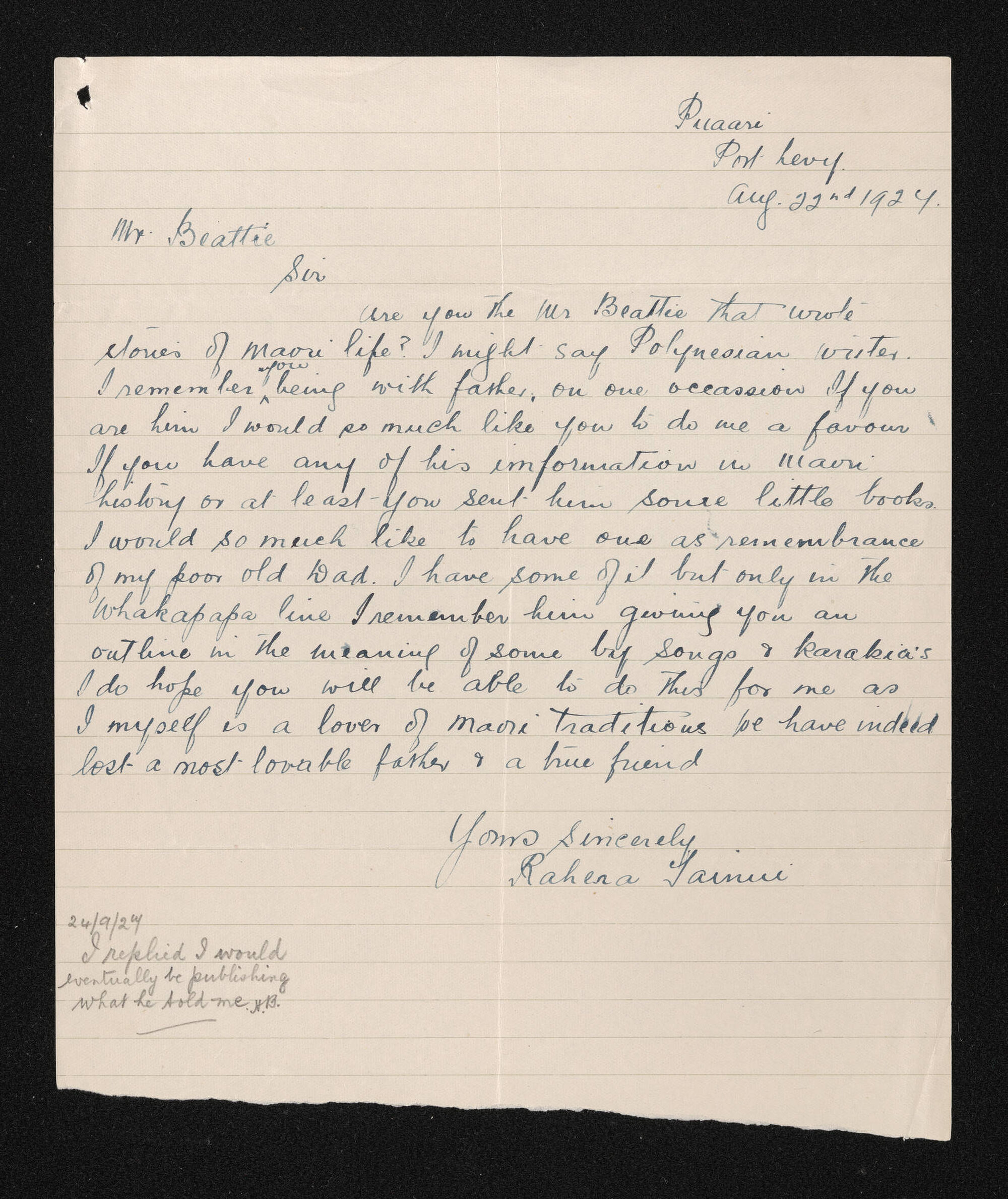 Letter, 22 August 1927, from Rahera Tainui, to Herries Beattie
