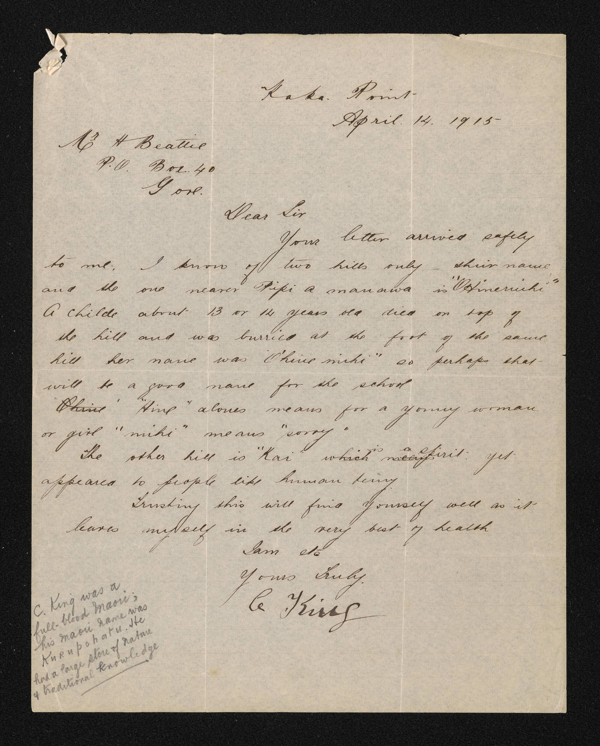 Letter, 14 April 1915, from C. King, to Herries Beattie