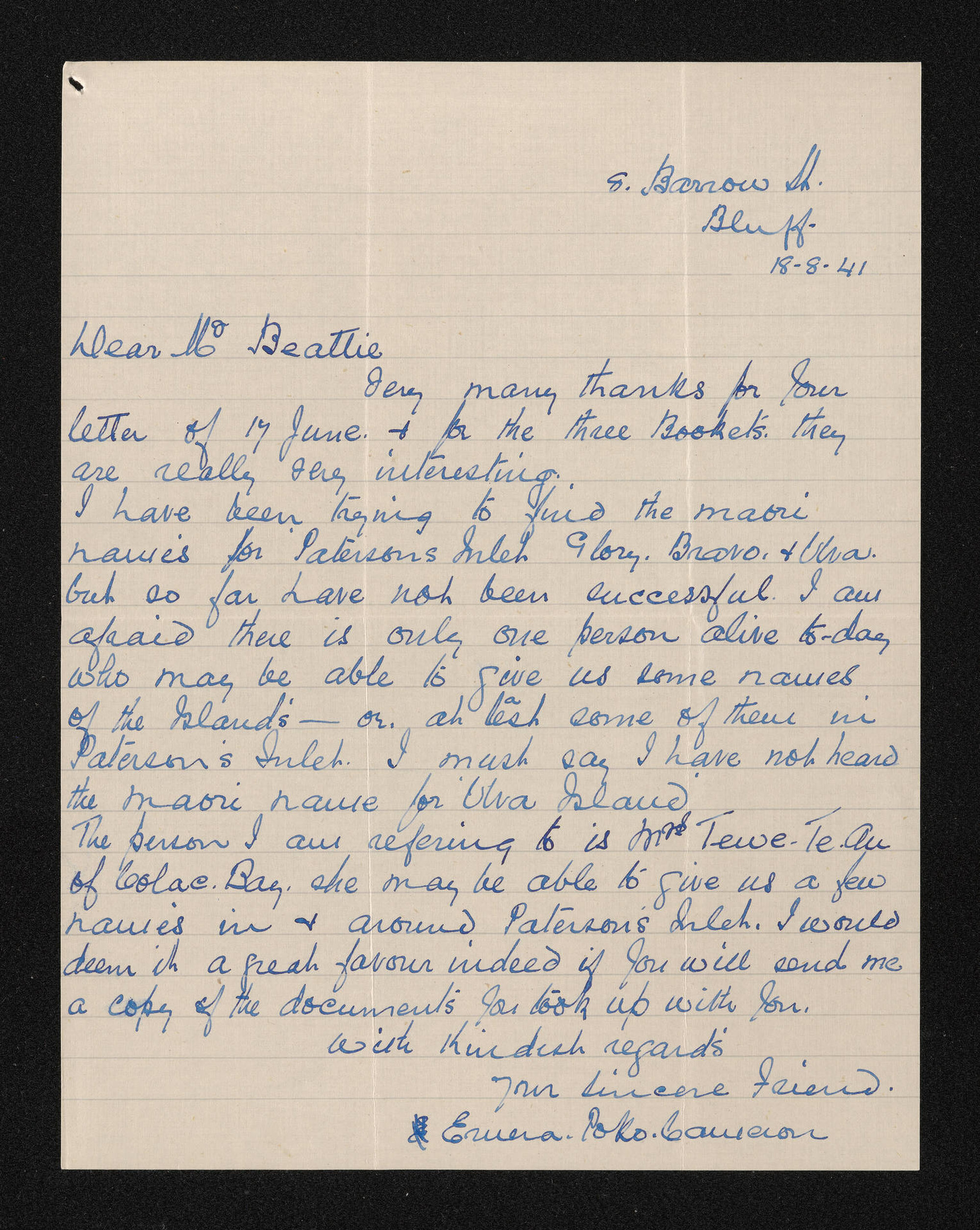 Letter, 18 August 1941, from Eruera Poko Cameron, to Herries Beattie