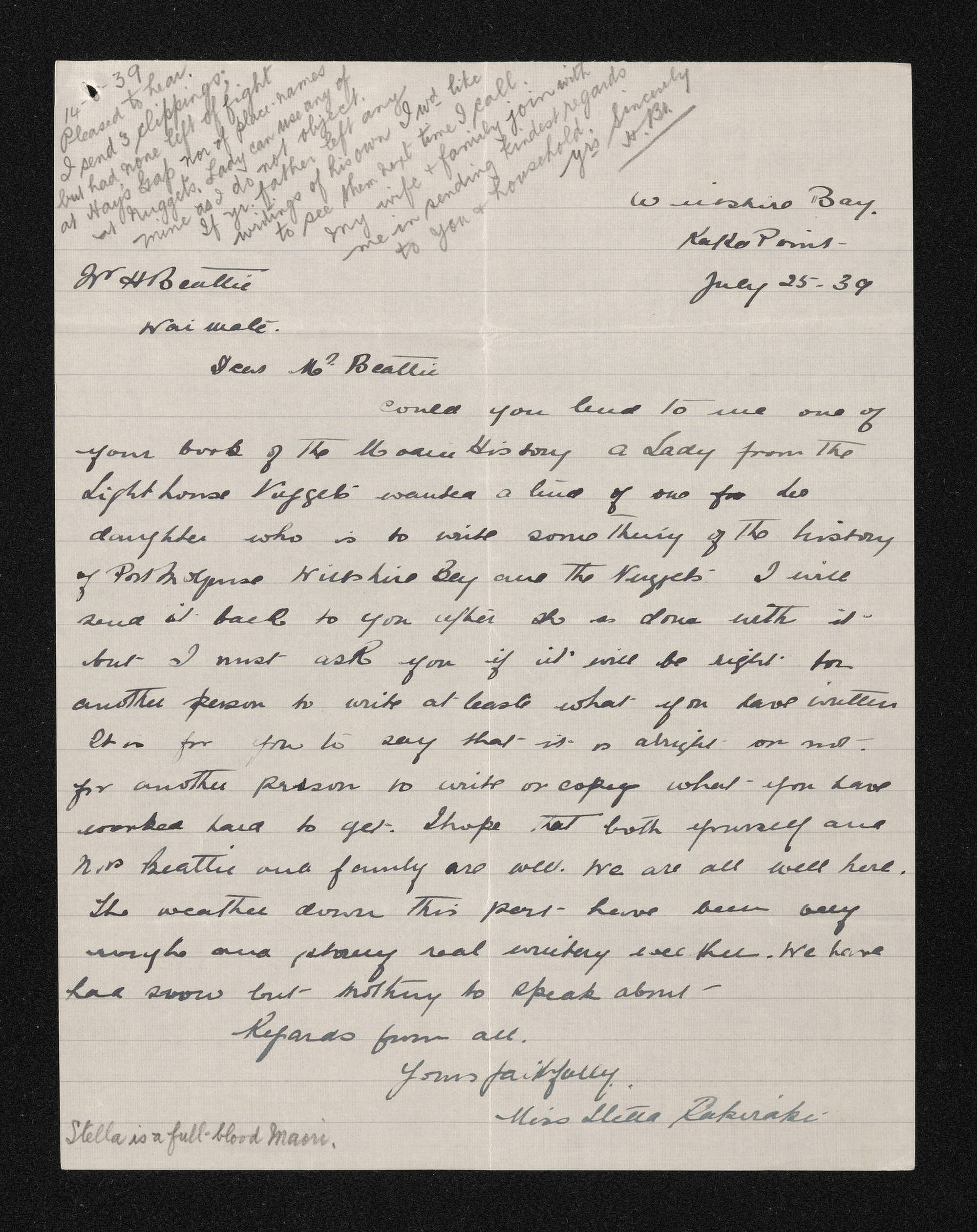 Letter, 25 July 1939, from Stella Rakiraki, to Herries Beattie