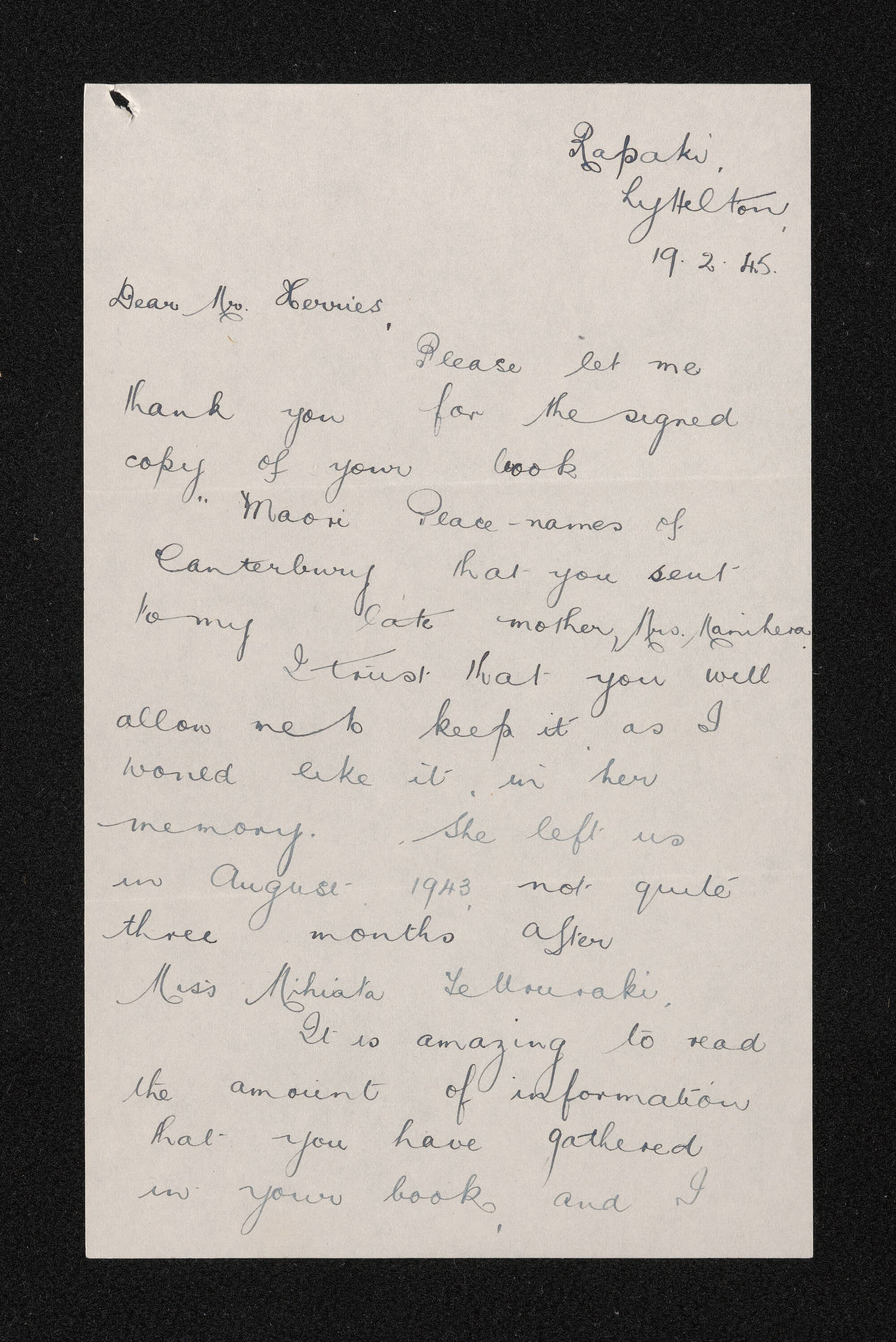 Letter, 19 February 1945, from Marewa E. McConnell, to Herries Beattie