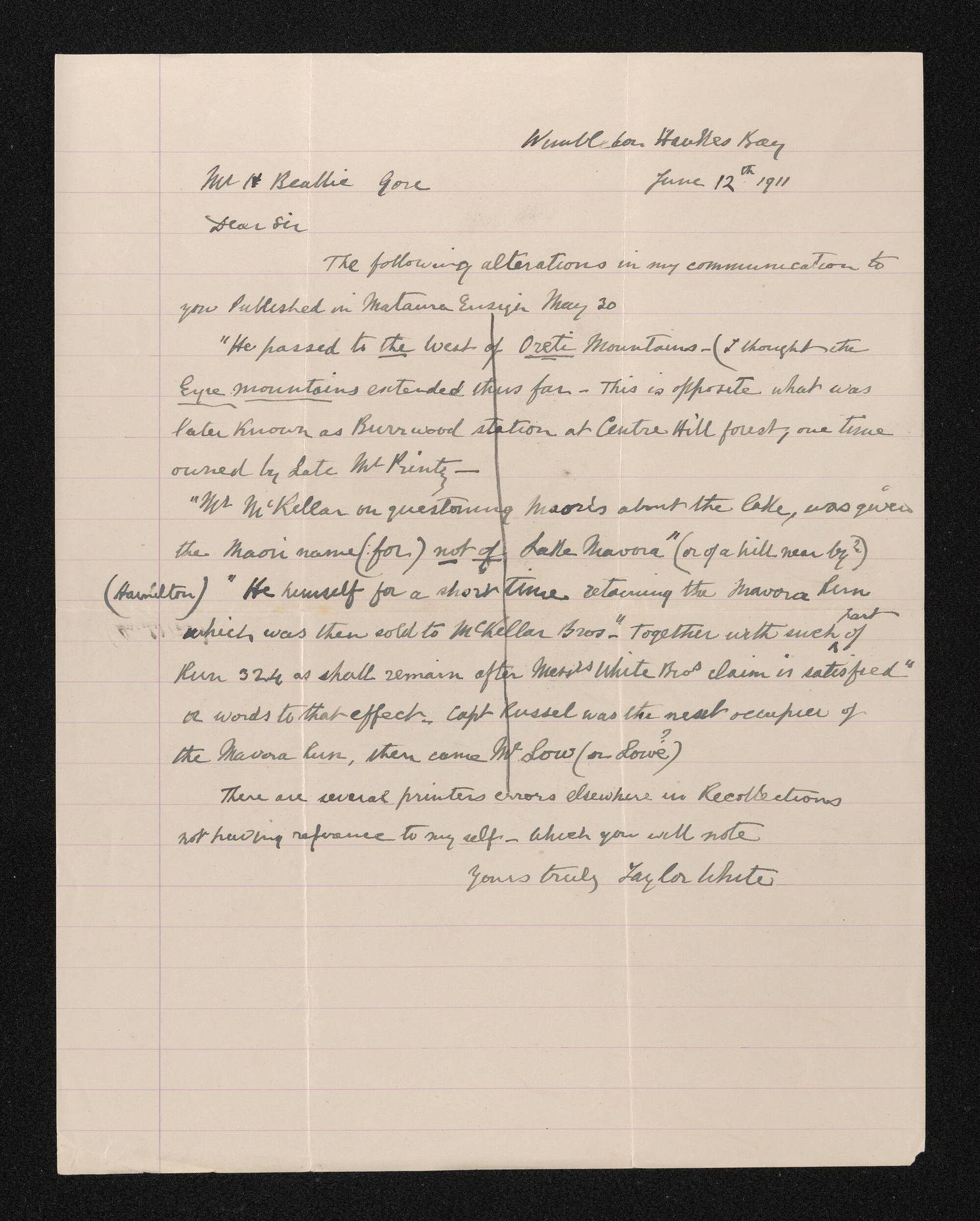 Letter, 12 June 1911, from Taylor White, to Herries Beattie