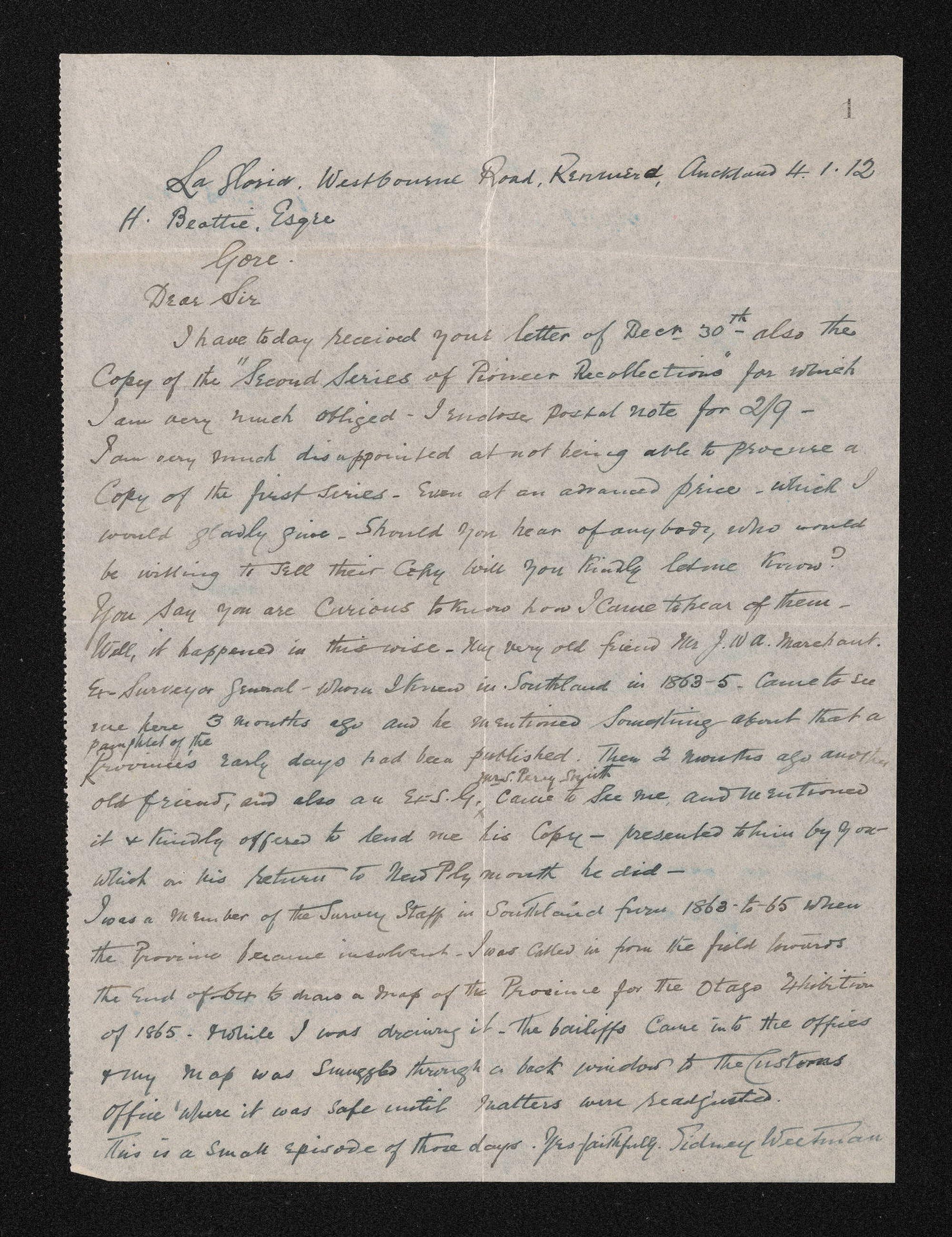 Letter, 4 January 1912, from Sidney Weetman, to Herries Beattie