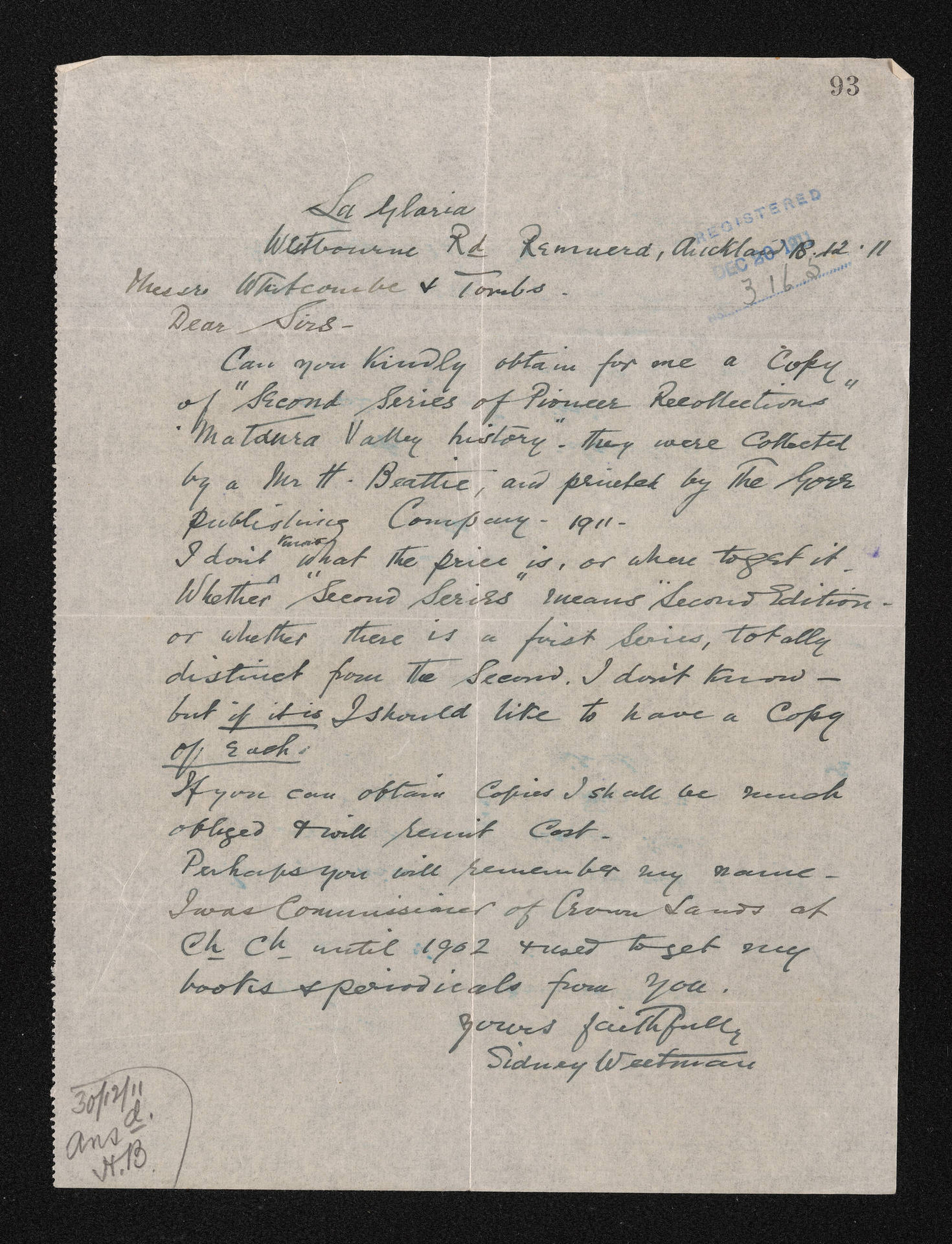 Letter, 18 December 1911, from Sidney Weetman, to Herries Beattie