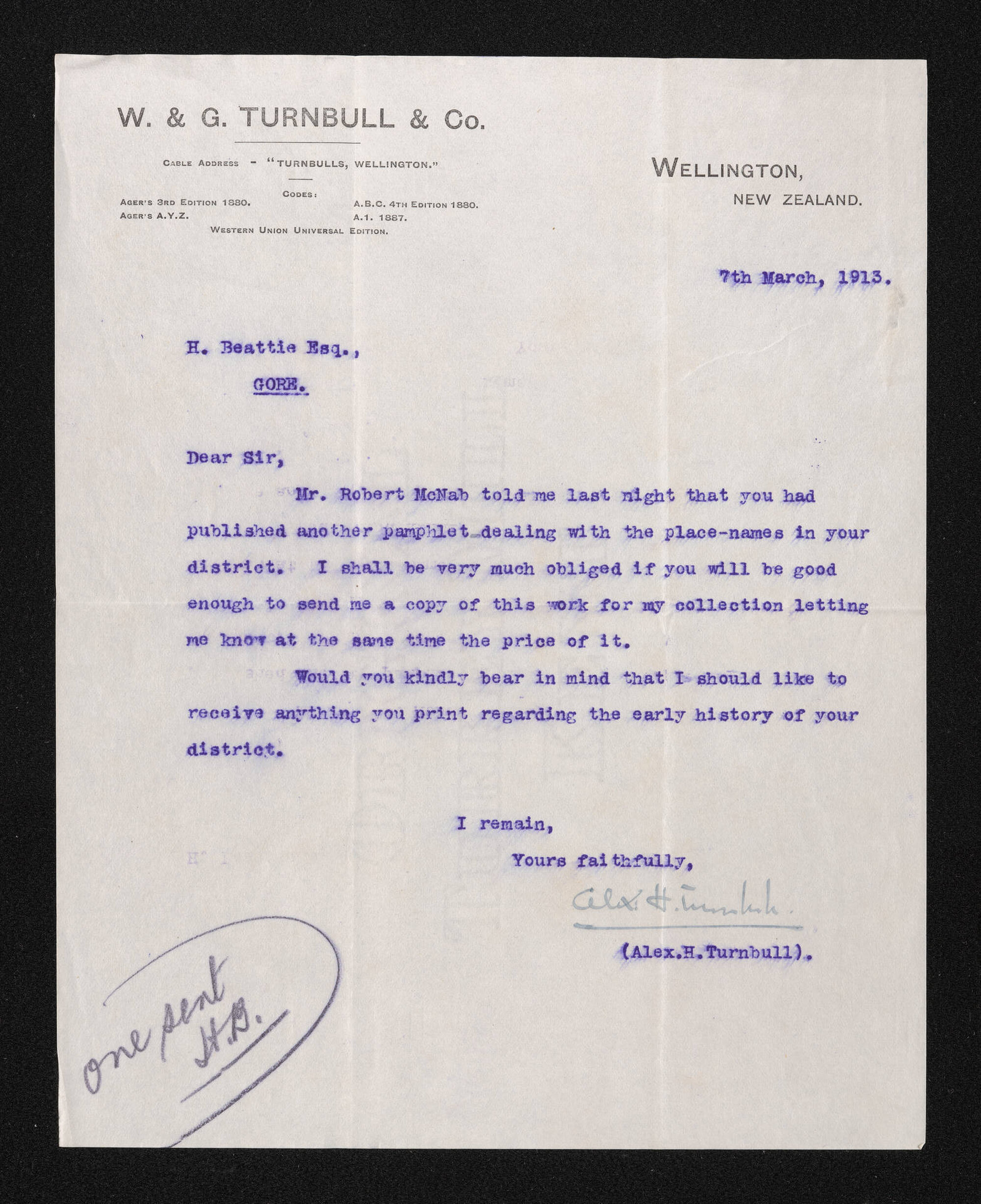 Letter, 7 March 1913, from Alexander Turnbull, to Herries Beattie