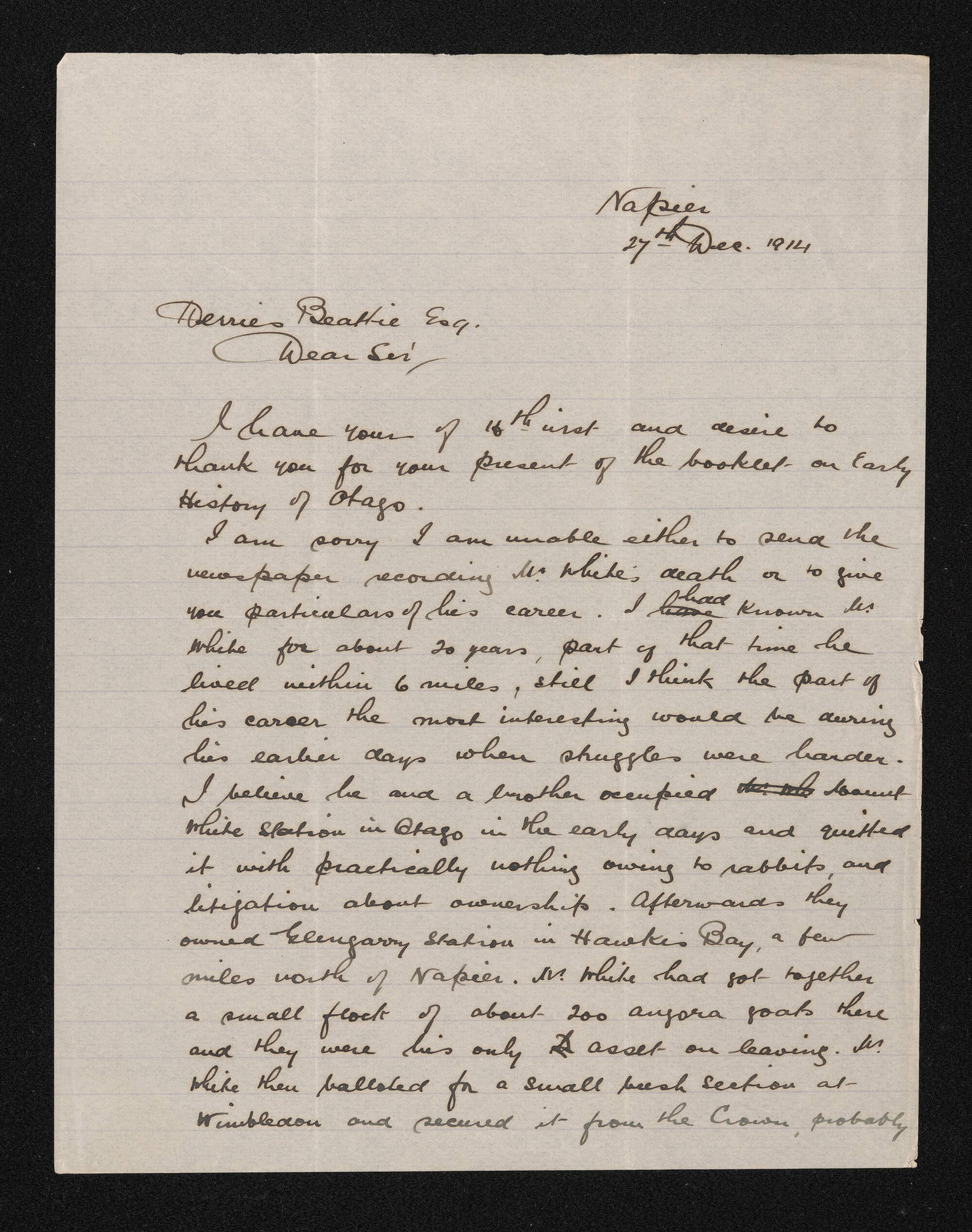 Letter, 27 December 1914, from James G. Speedy, to Herries Beattie