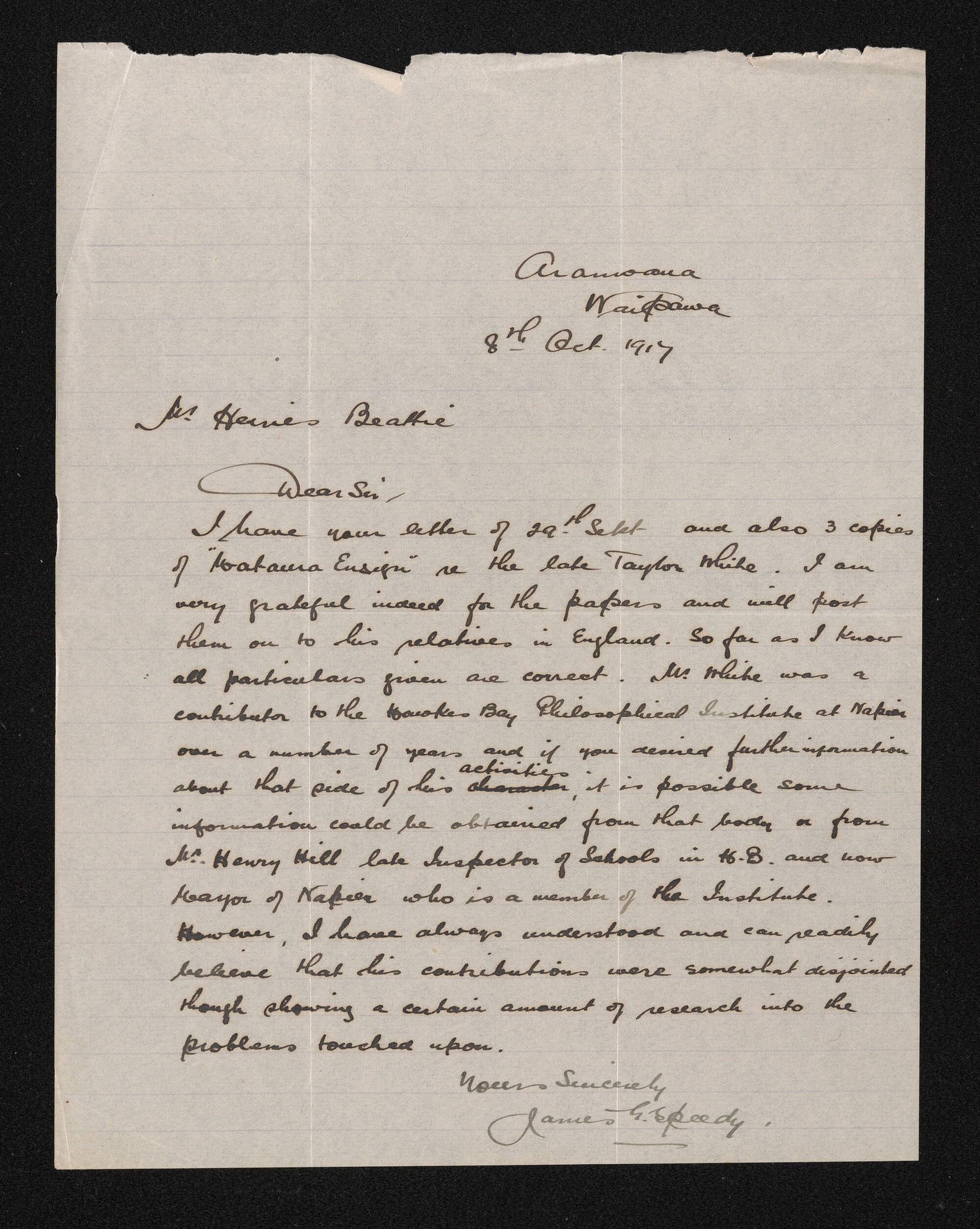 Letter, 8 October 1917, from James G. Speedy, to Herries Beattie