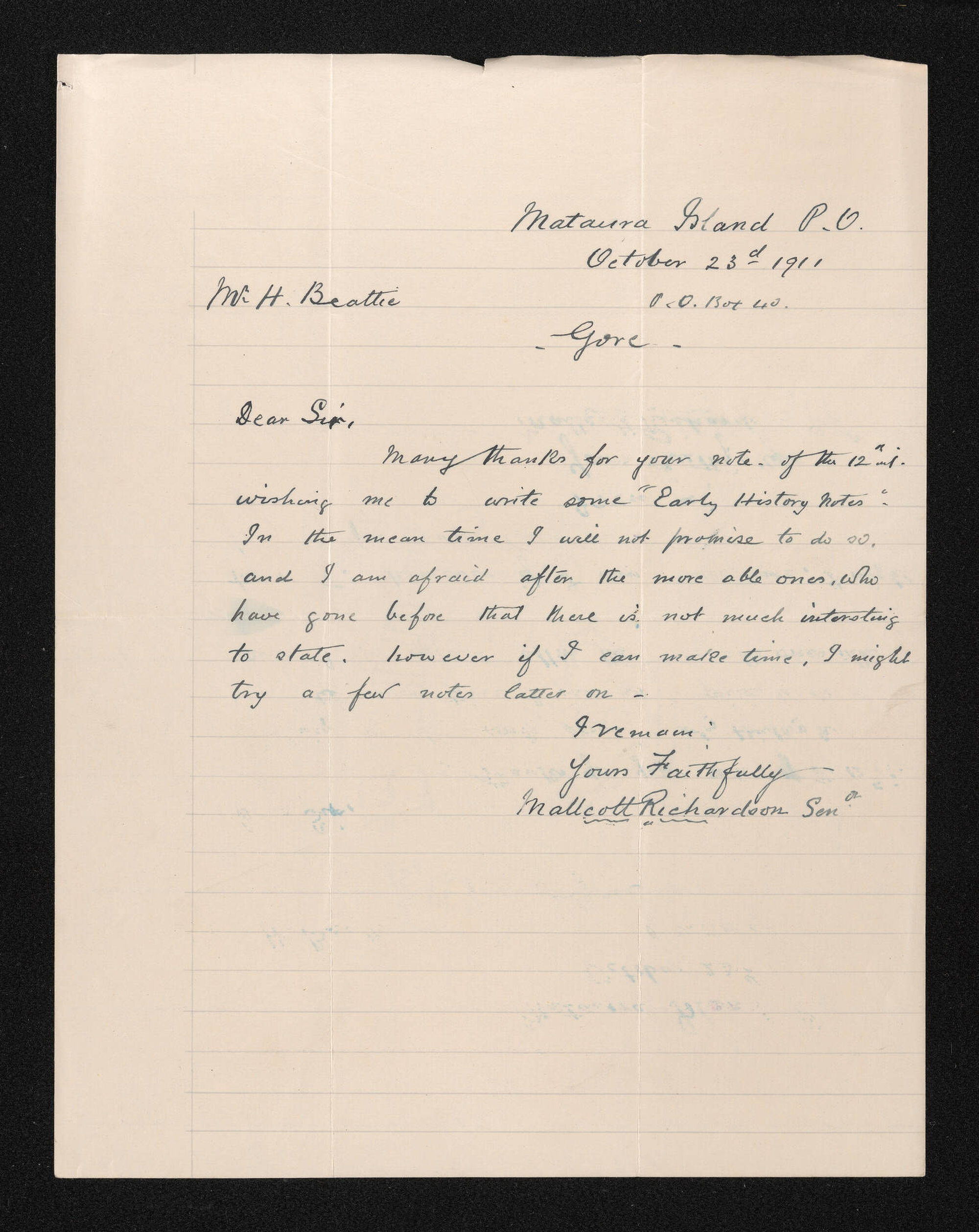 Letter, 23 October 1911, from Mallcott Richardson, to Herries Beattie