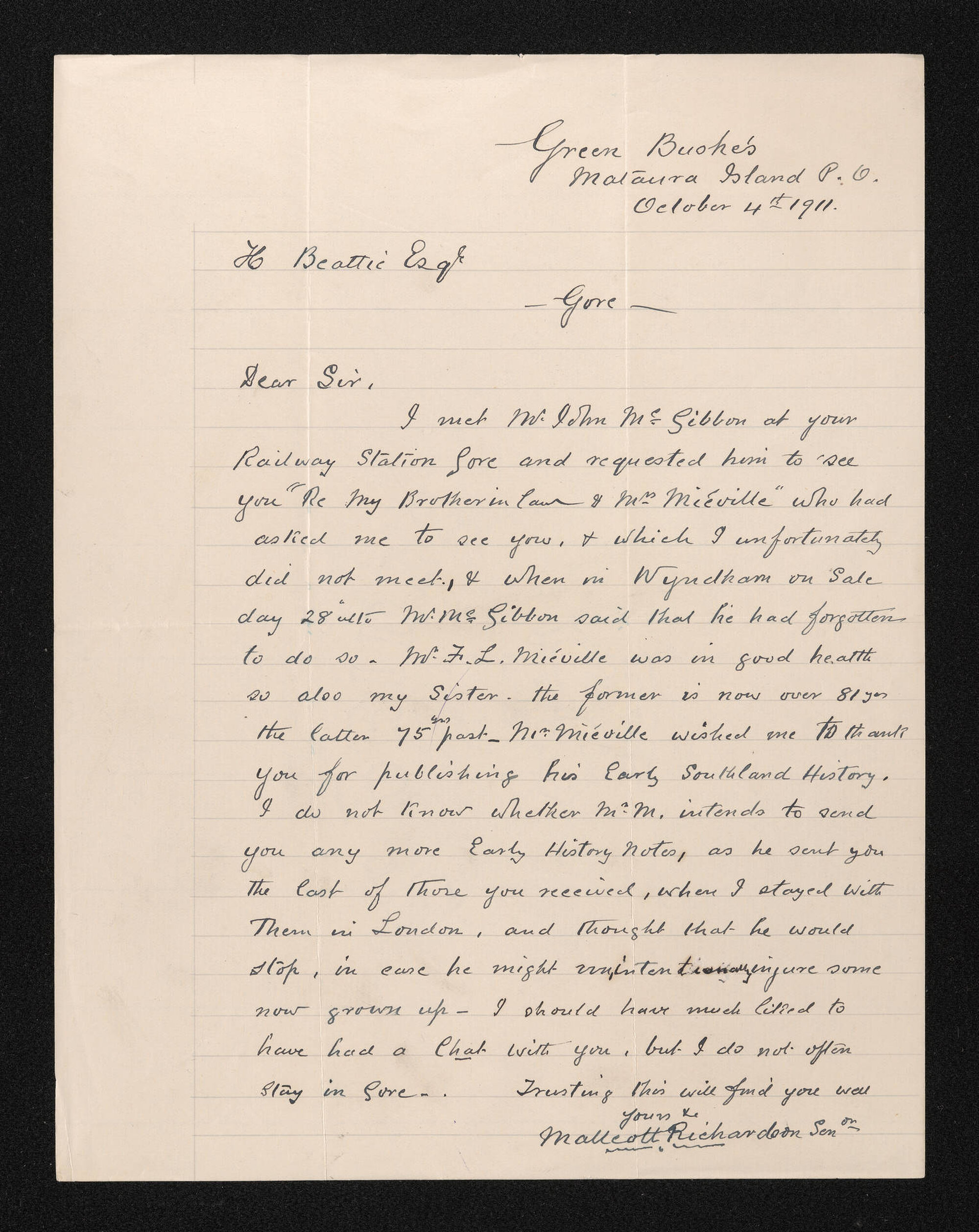 Letter, 4 October 1911, from Mallcott Richardson, to Herries Beattie