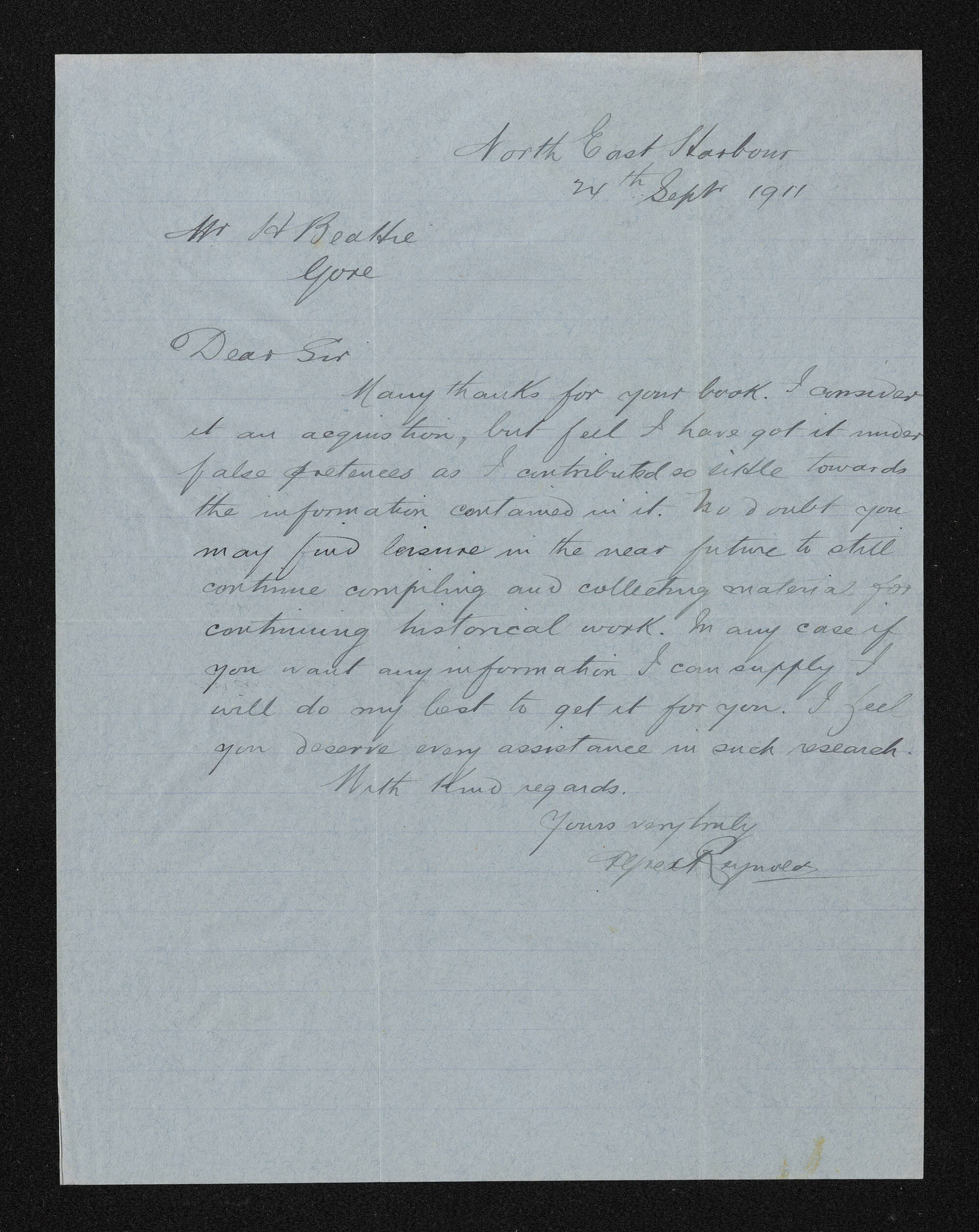 Letter, 24 September 1911, from Alfred Reynolds, to Herries Beattie