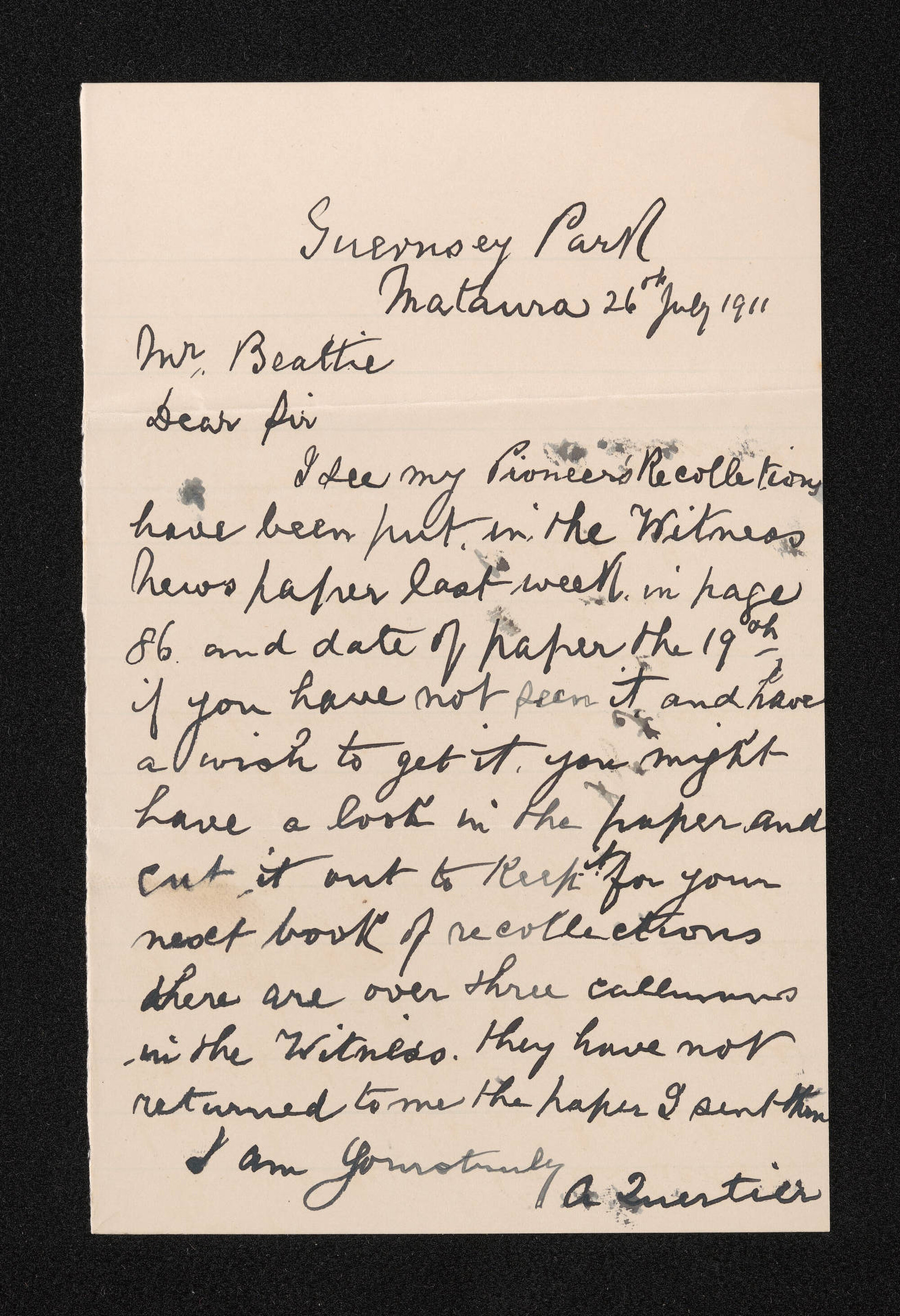 Letter, 26 July 1911, from Alfred Quertier, to Herries Beattie