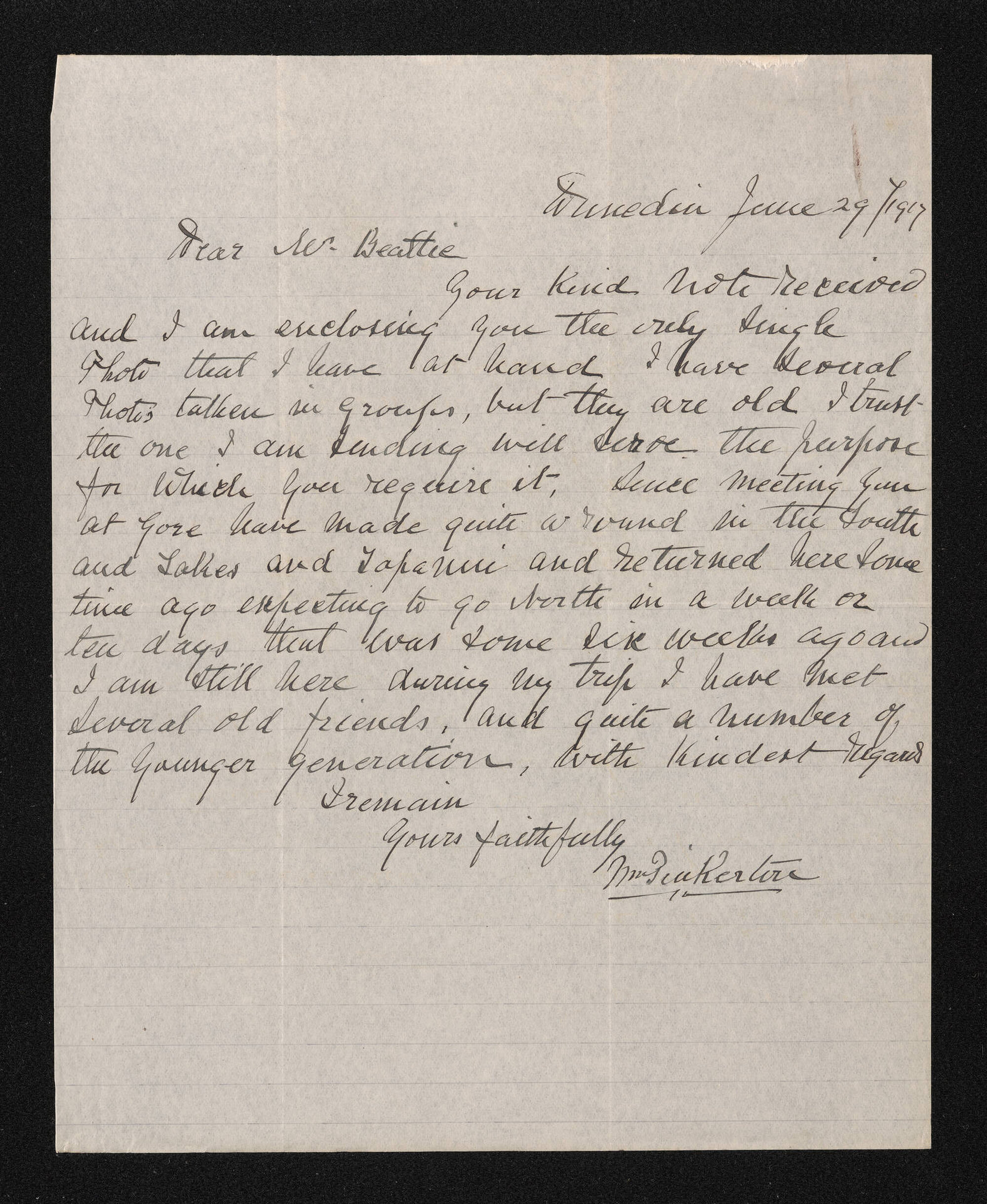 Letter, 29 June 1917, from William Pinkerton, to Herries Beattie