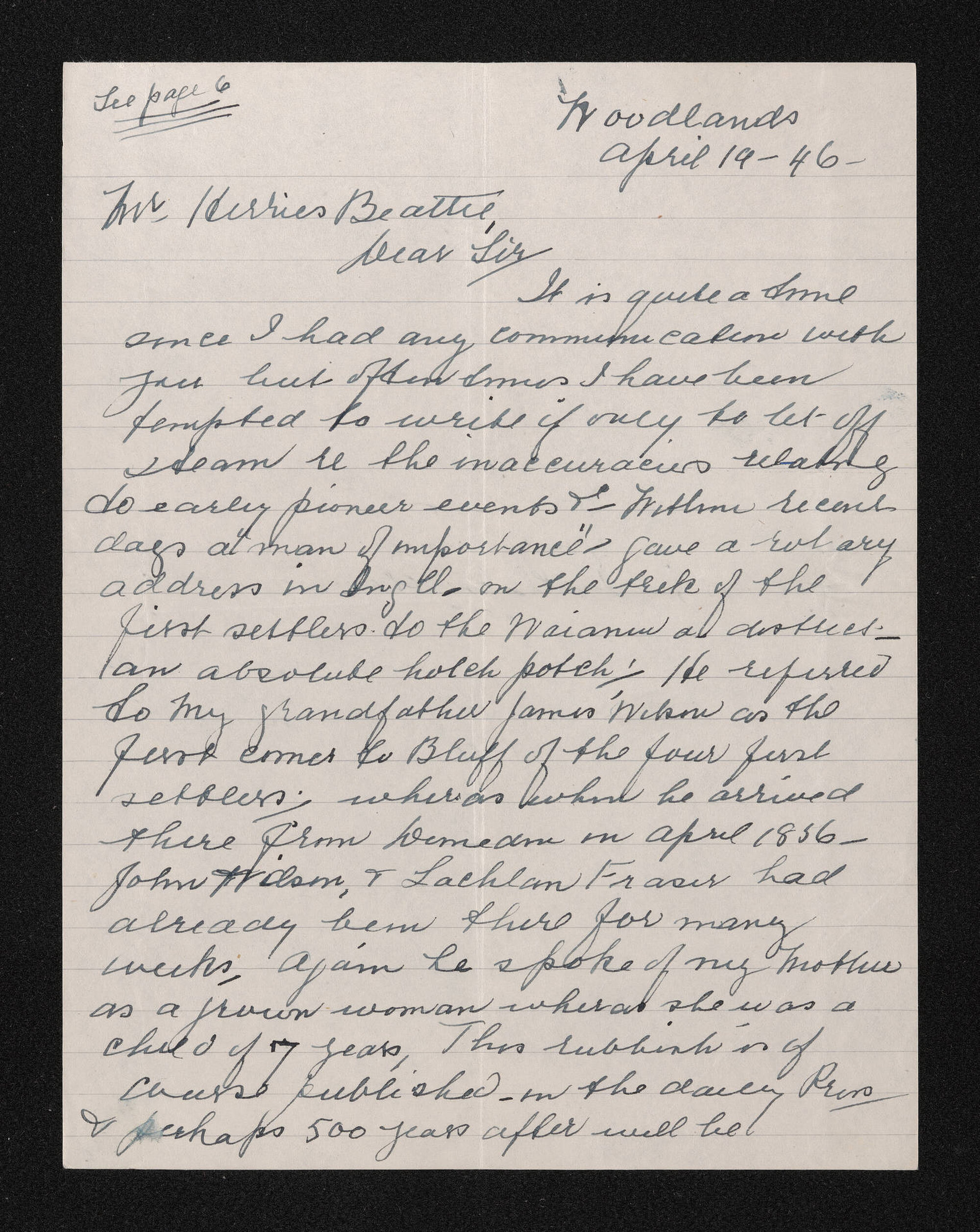 Letter, 19 April 1946, from Louisa McKenzie, to Herries Beattie