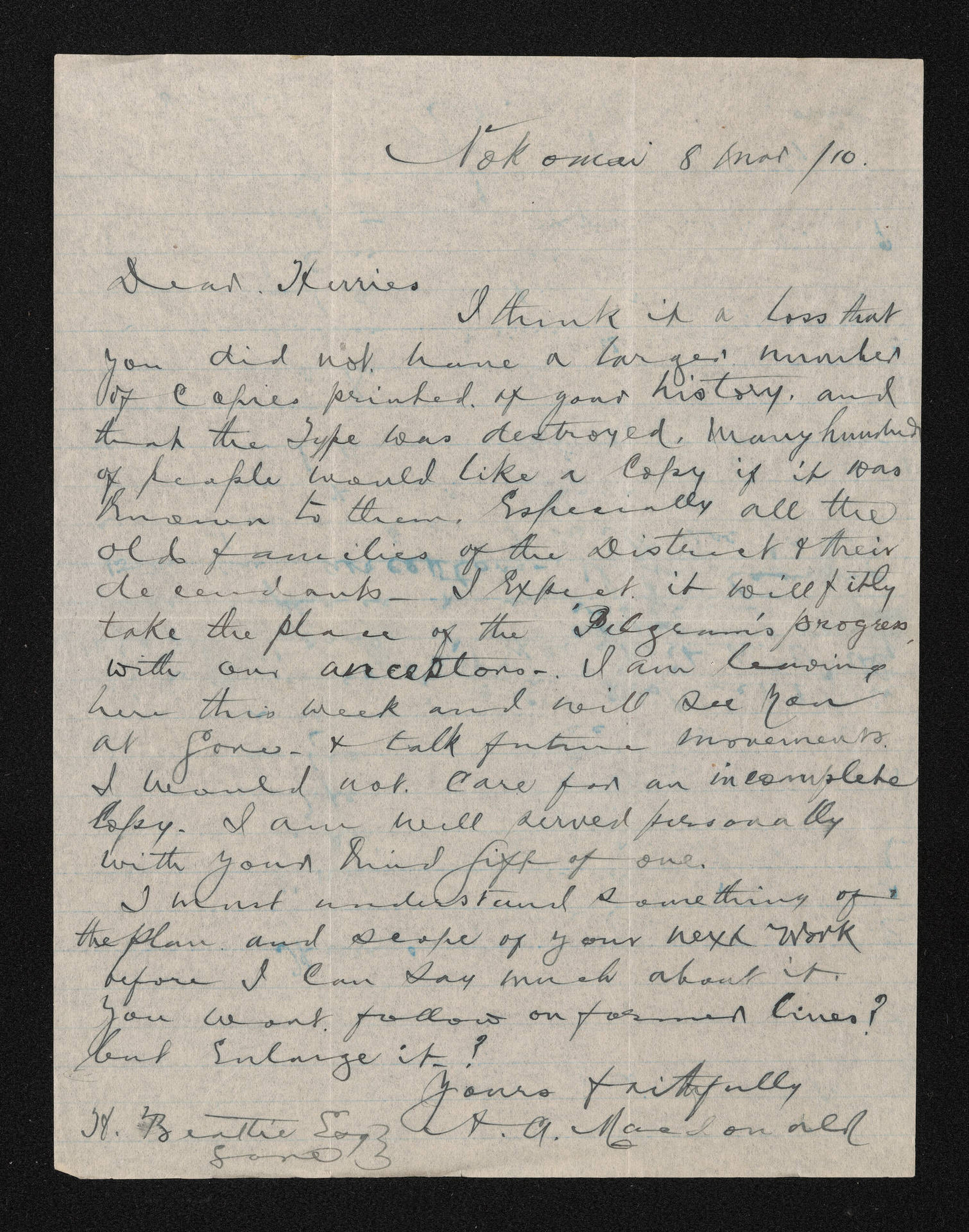 Letter, 8 March 1910, from A.A. Macdonald, to Herries Beattie