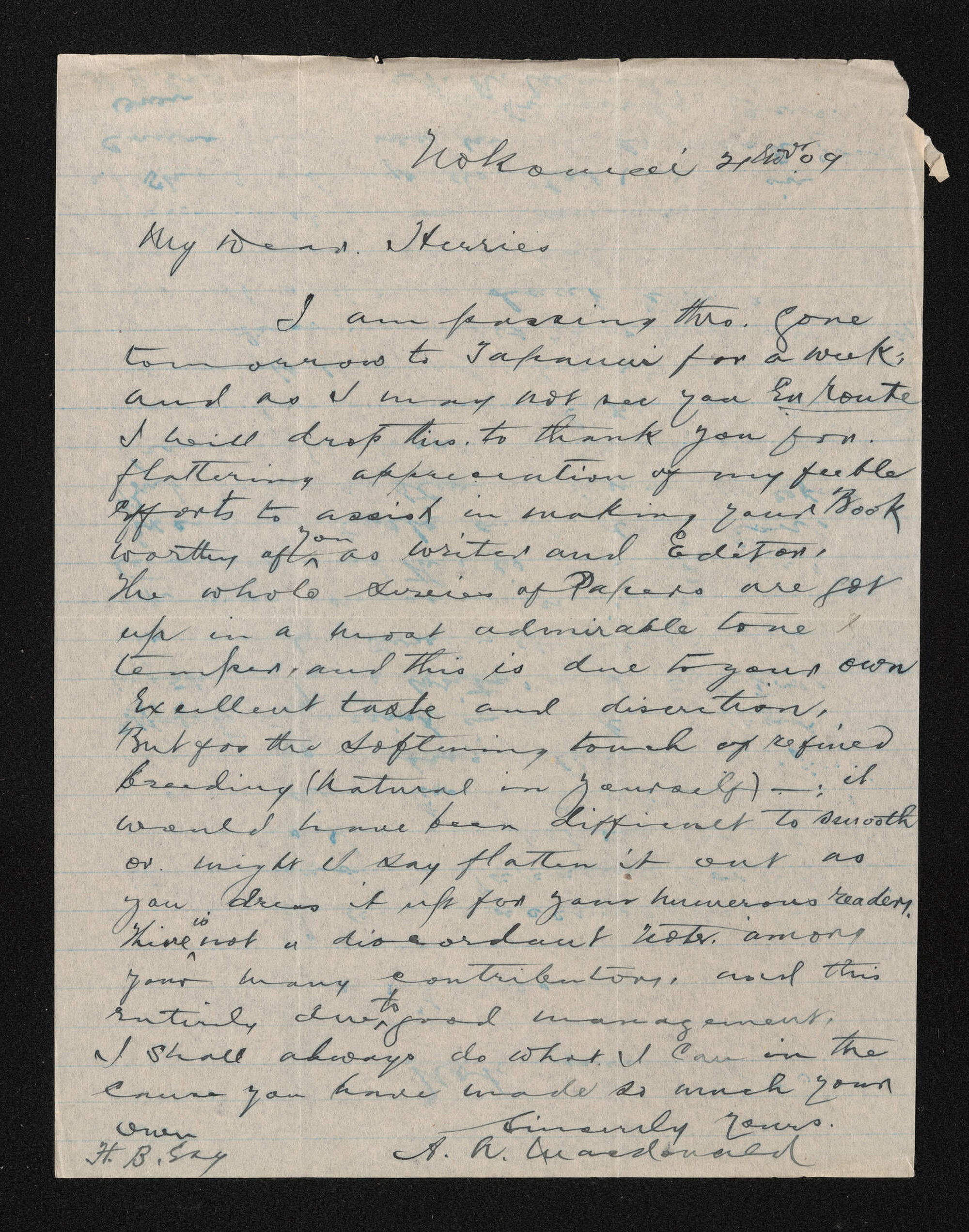 Letter, 21 November 1909, from A.A. Macdonald, to Herries Beattie