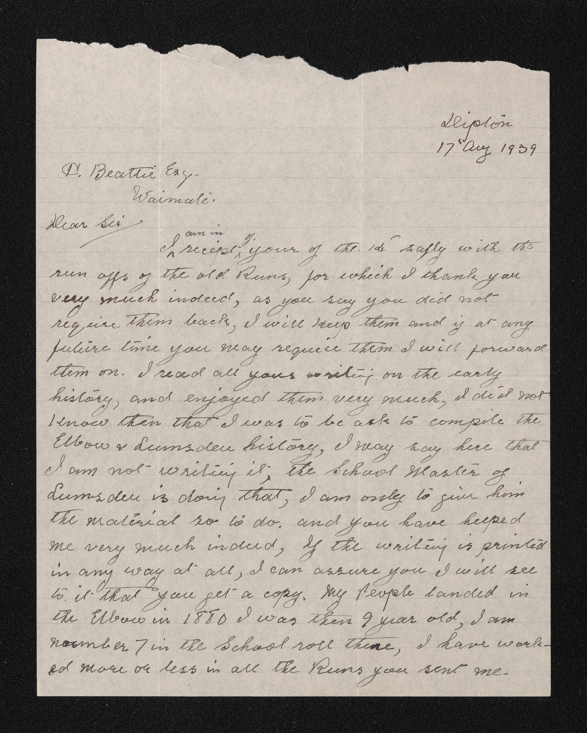 Letter, 17 August 1939, from W.J. Martin to Herries Beattie