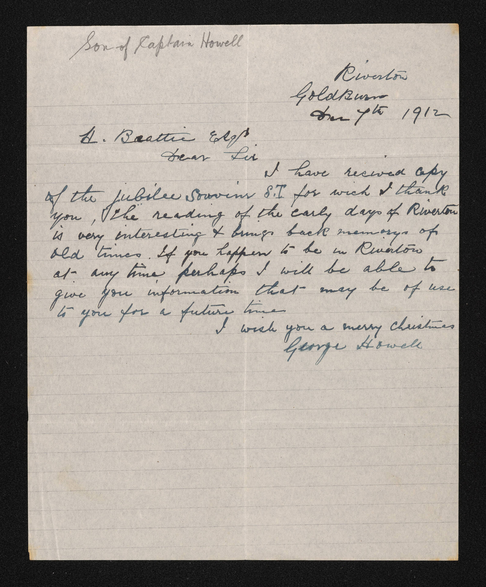 Letter, 7 December 1912, from George Howell, to Herries Beattie